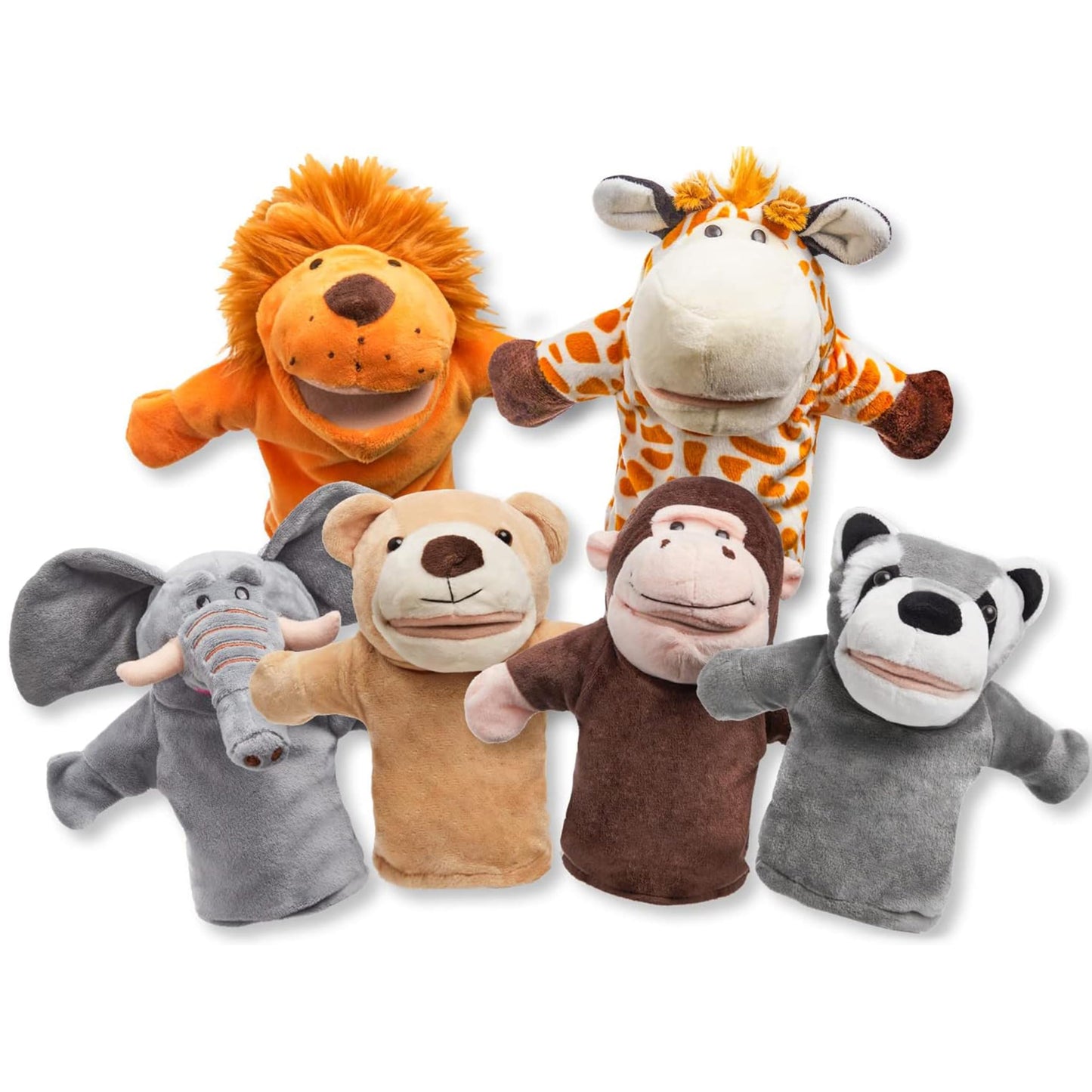 JOYIN 6Pcs Kids Hand Puppet Set with Working Mouth, Toddler Animal Plush Toy Includes Elephant, Giraffe, Lion, Bear, Raccoon and Monkey for Show Theater, Birthday Gifts, Easter Basket Stuffers