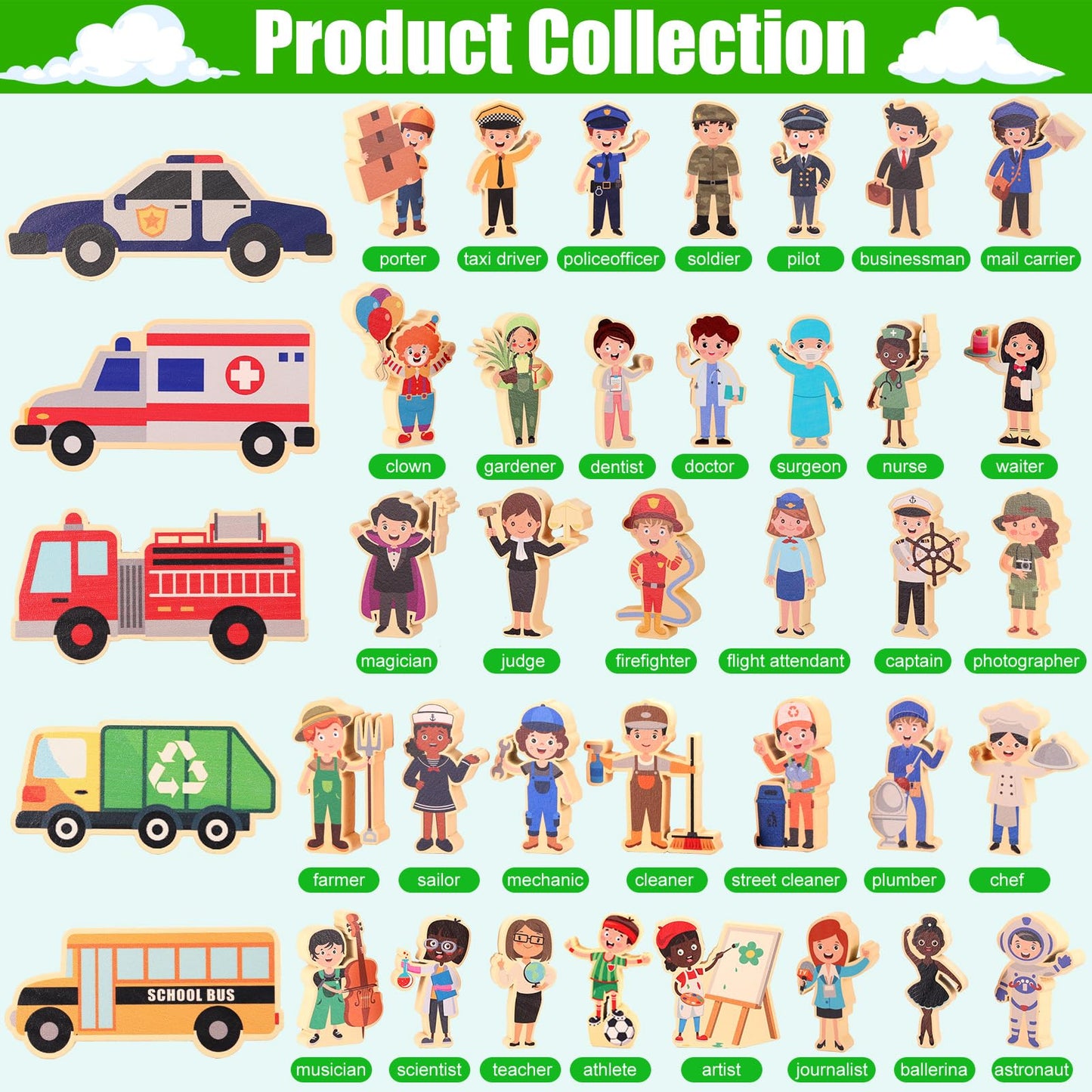 HIYZI - 40 pieces wooden community helpers for small people, professions, wooden blocks, professionals, children, simulation toys, multicultural numbers