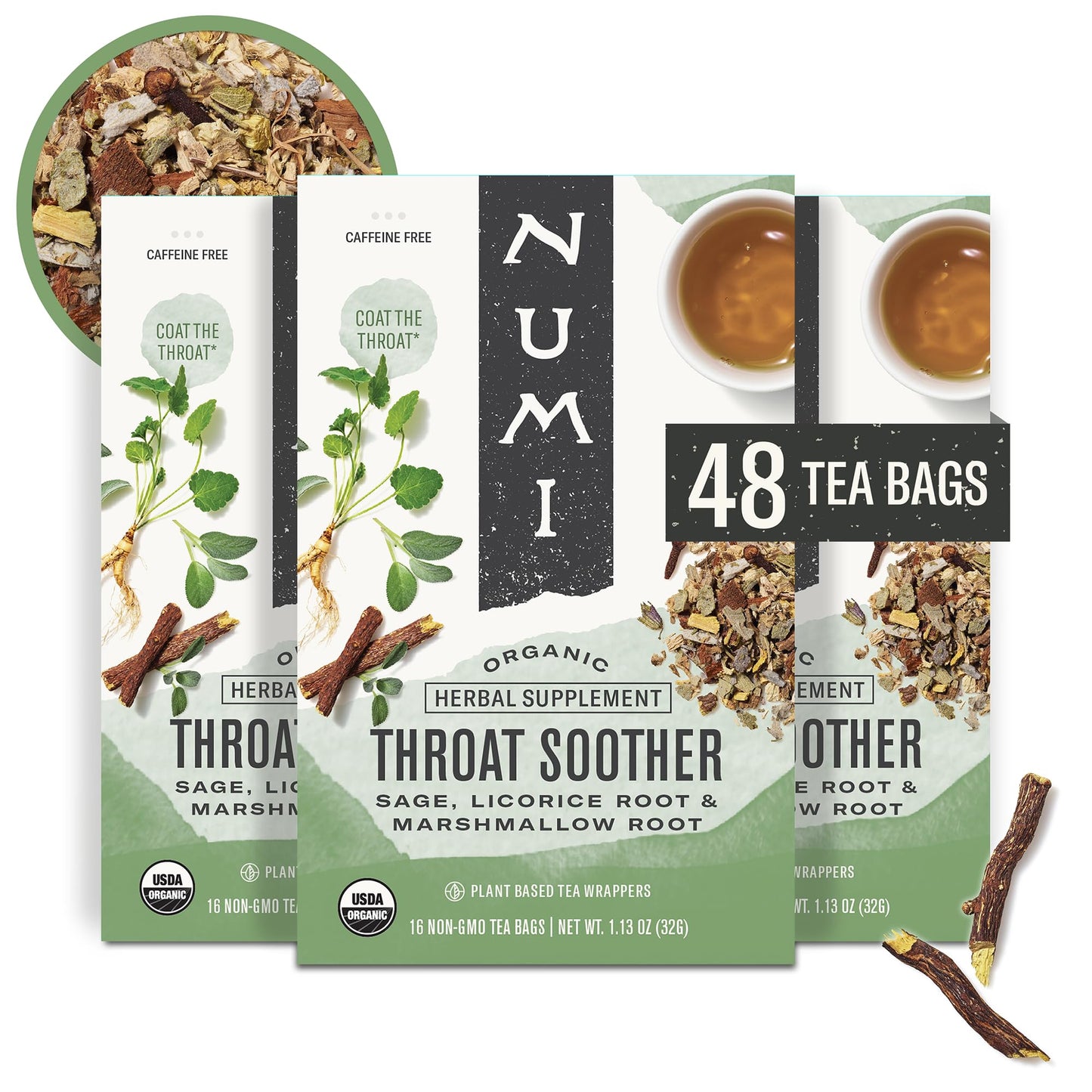 Numi Organic Throat Soother Herbal Tea – 48 Herbal Tea Bags – Caffeine Free Blend with Sage Licorice Marshmallow Root Cinnamon & Clove for Smoothing & Soothing Throat Comfort