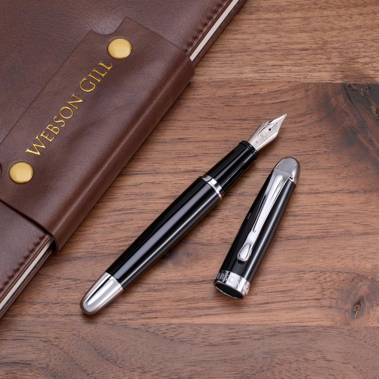 'The Boss' Black Executive Fountain Pen, Ultra Smooth Polished Resin, Premium Chrome Accents, Steel Nib, Easy Refill Ink Piston Converter, No Bleed No Smudge, Fits Our Instant Insert Ink Cartridges