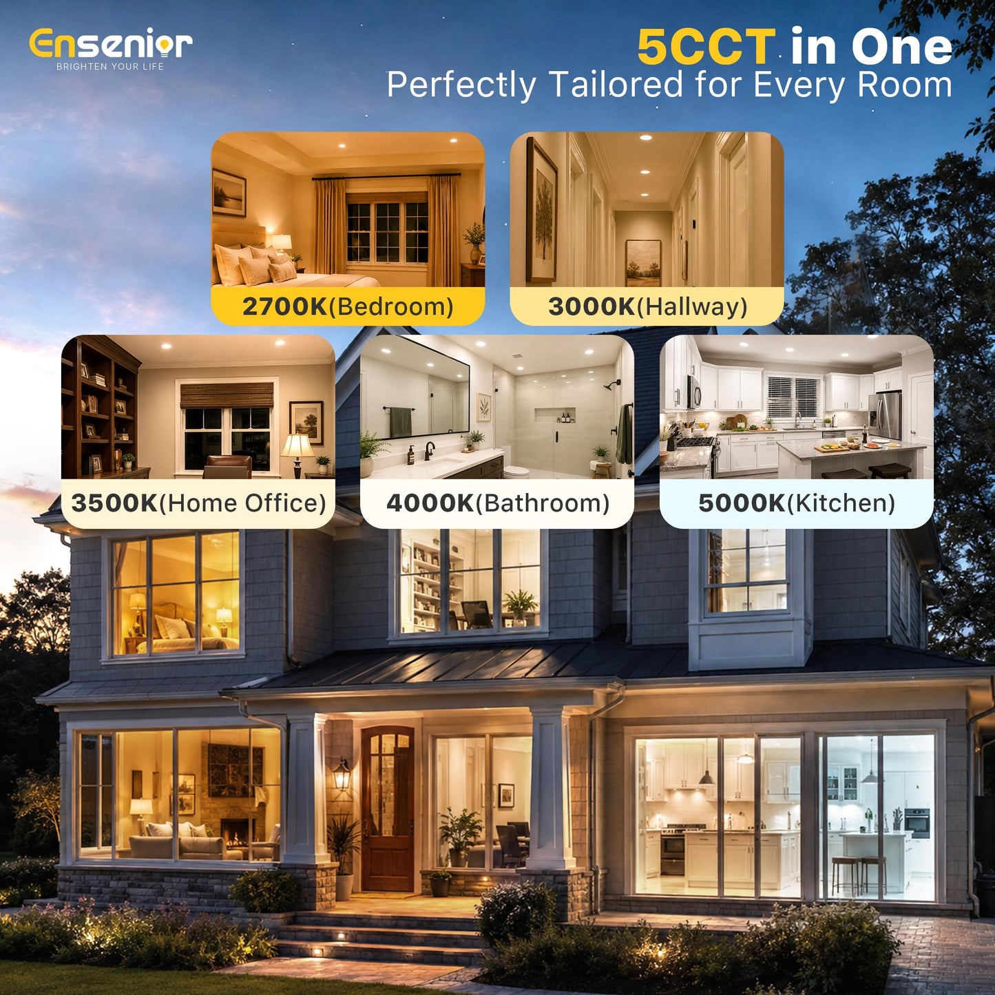 Ensenior 4 Pack 8 Inch LED Recessed Light, Dimmable, 2700K-5000K 5CCT, 1600LM High Brightness, 18W 120V, Damp Rated, Ultra-Thin Canless Wafer Light - ETL & FCC & IC