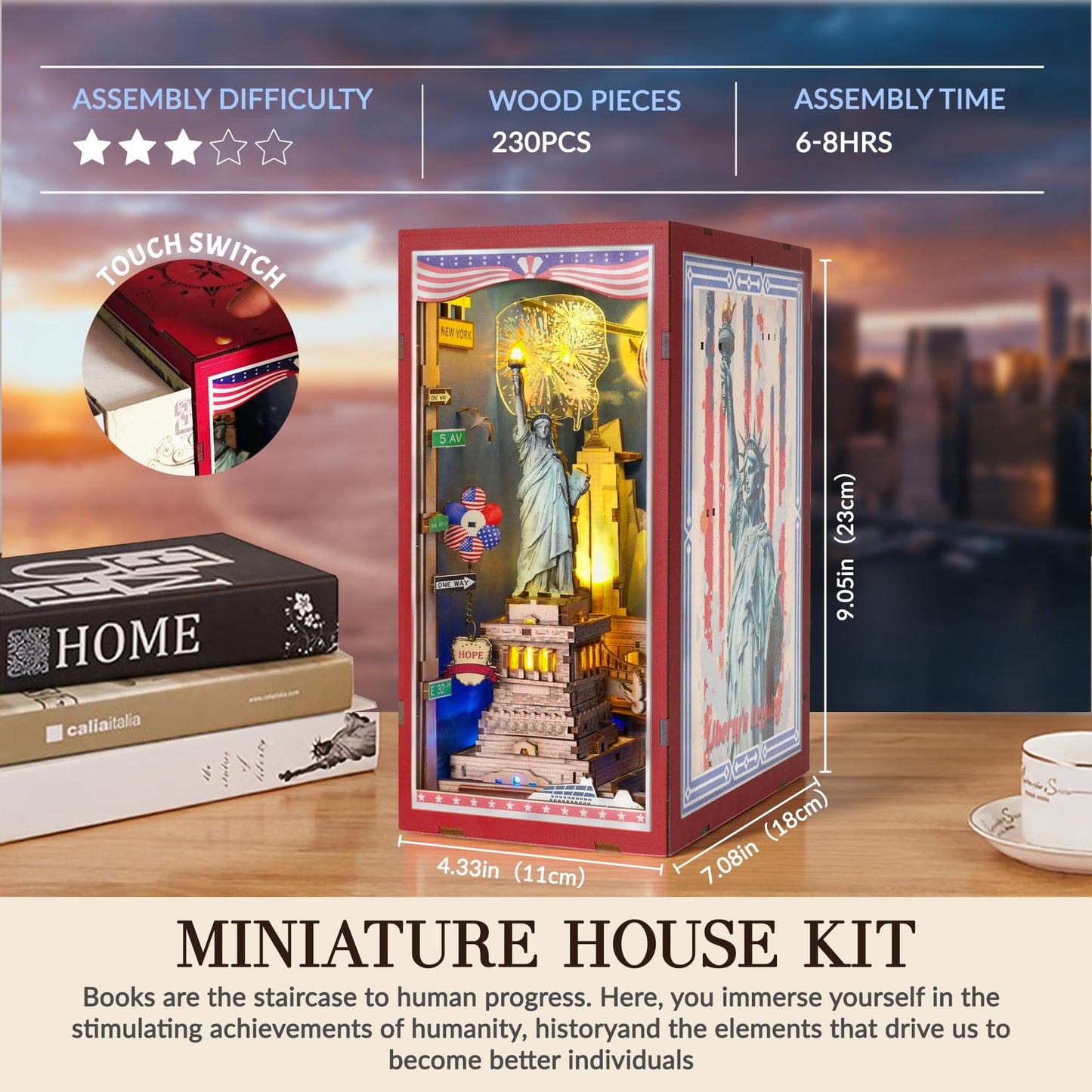 Book Nook Kit, DIY Miniature House Dollhouse Crafts Kit for Adults and Teens, The Statue of Liberty New York Cityline 3D Wooden Puzzle Booknook Build Bookshelf Decor Gifts（Liberty's Legacy）