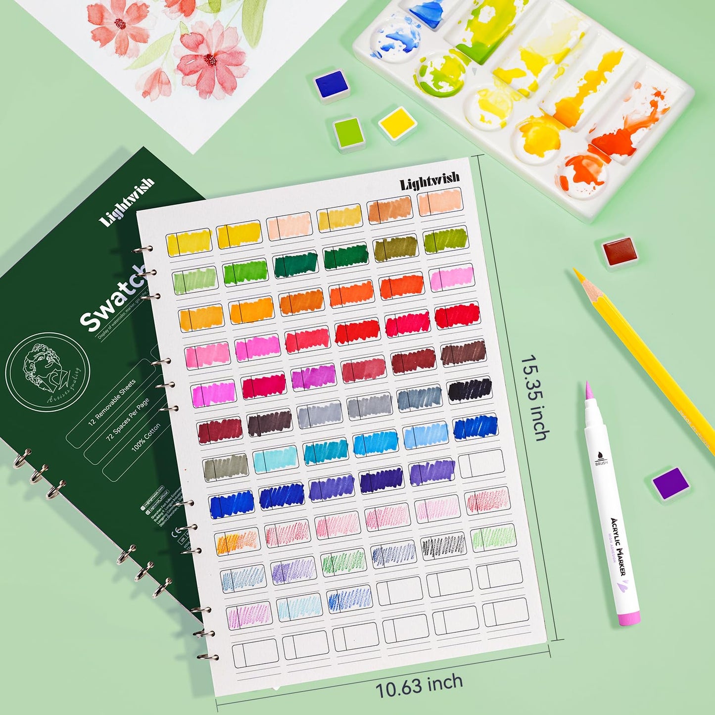 LIGHTWISH Watercolor Swatch Book - 12 Detachable 100% Cotton Sheets 72 Spaces,15.35 * 10.63 In,300gsm/140lb Cold Press for Watercolor, Gouache, Oil Pastels - Spiral-Bound Color Testing Journal