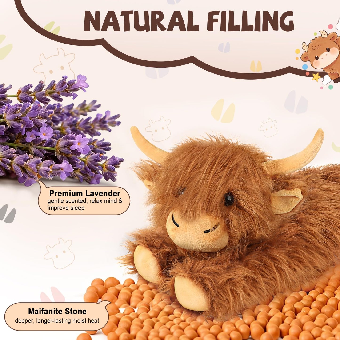 Highland Cow Stuffed Animals - Heatable Weighted Stuffed Animals, Lavender Scented Cow Plush for Sooth & Relax, Microwave Heating Pad for Period Cramps Pain & Stress Relief, Highland Cow Gifts （Brown）