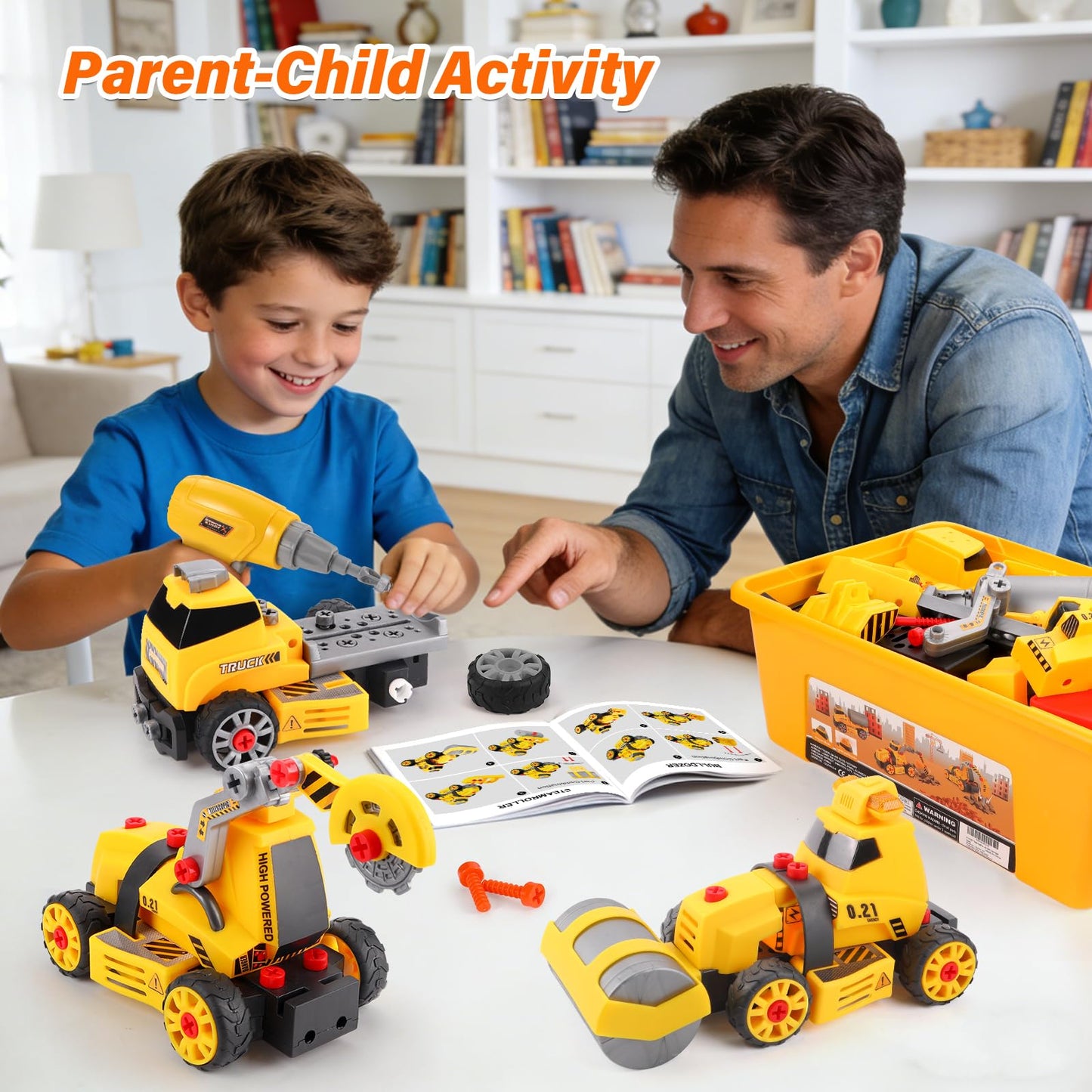 FLY2SKY Take Apart Toys with Electric Drill Truck Construction Set DIY Engineering Building Toy Push Go STEM Toy (9 in 3 Take Apart Toys)