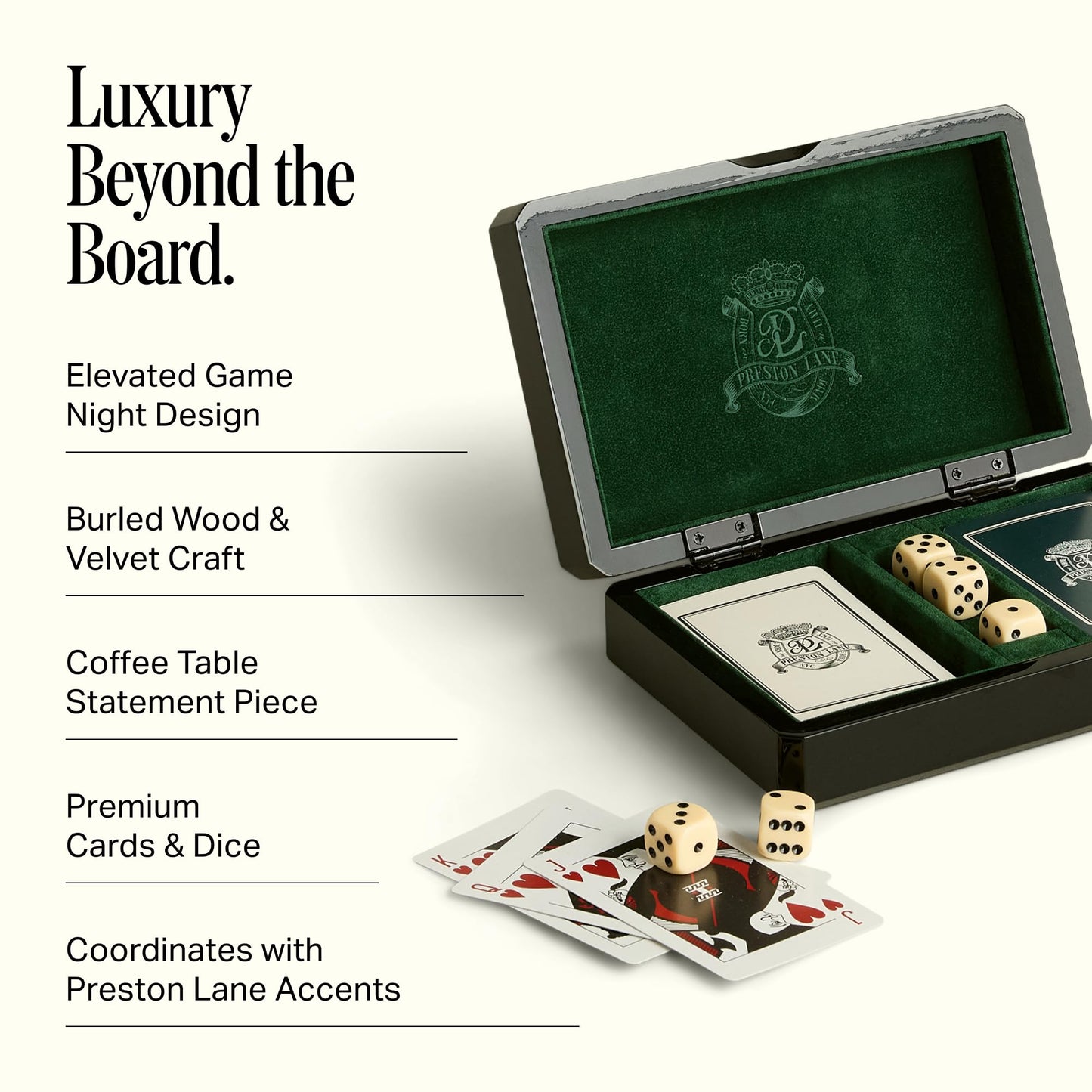 Preston Lane Chester Luxury Game Box – Wooden Playing Card & Dice Set with Velvet Lining – Burled Wood & Black Lacquer Finish – Coffee Table Décor or Gift