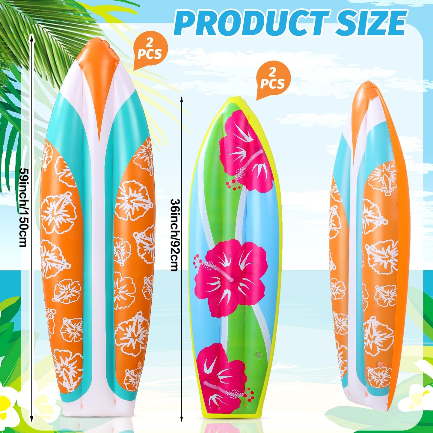 JellyArch 4 Pcs Inflatable Surf Board Inflatable 36 Inch59 Inch Tropical Beach Luau Party Decorations Blow up Surfboard Pool Floats Board for Beach Hawaiian Party Decorations
