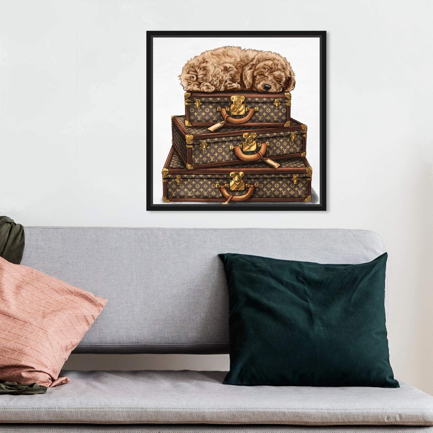 The Oliver Gal Artist Co. Fashion and Glam Framed Wall Art Canvas Prints 'Sleeping Poodle' Travel Essentials Home Décor, 12 in x 12 in, Brown, White