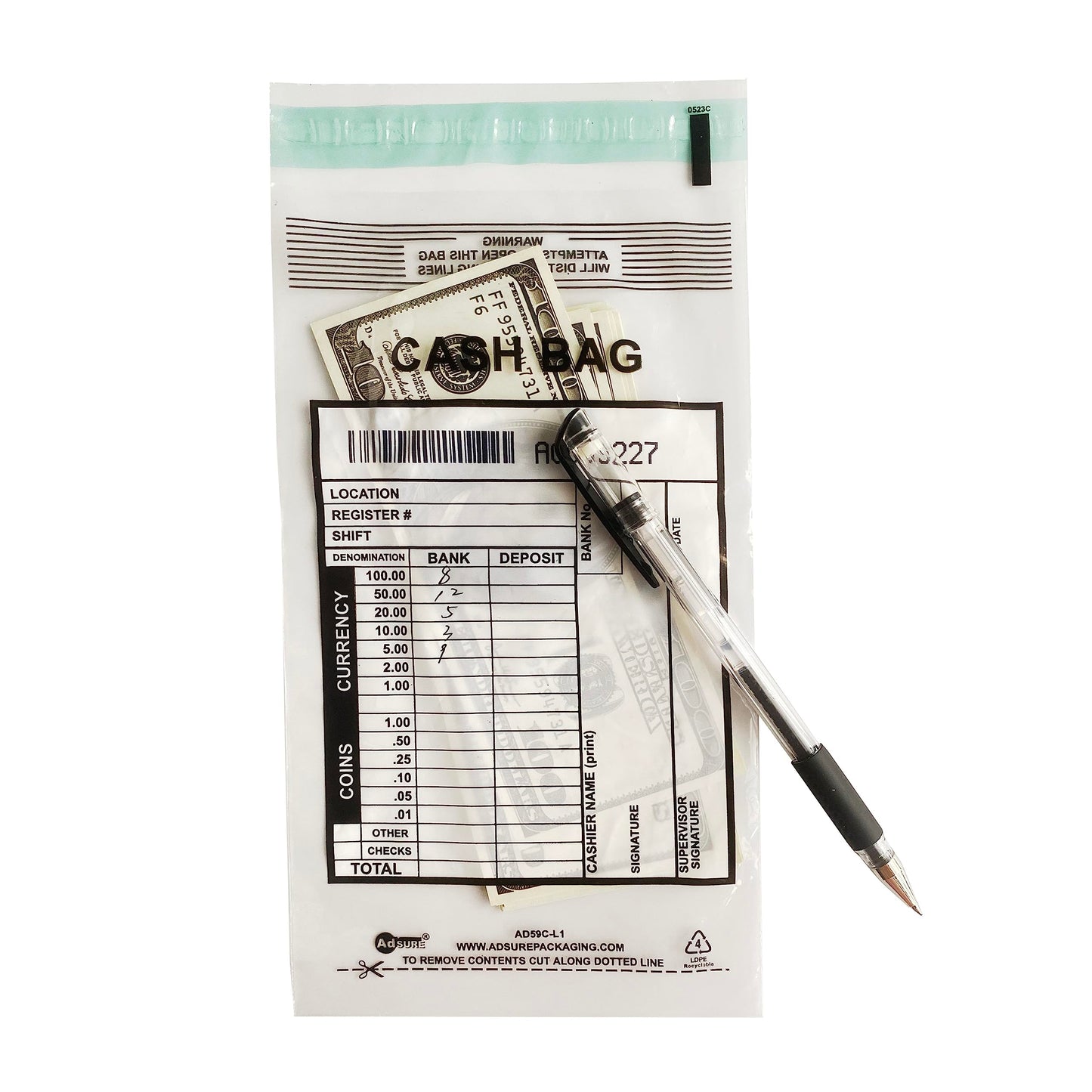 ADSURE Clear Plastic Small Bank Deposit Bags For Cash | Pack of 1000 | 5"x9"|Tamper Evident Bags | Write-On Panel and Tear-Off Receipt | Ideal for Cash Handling