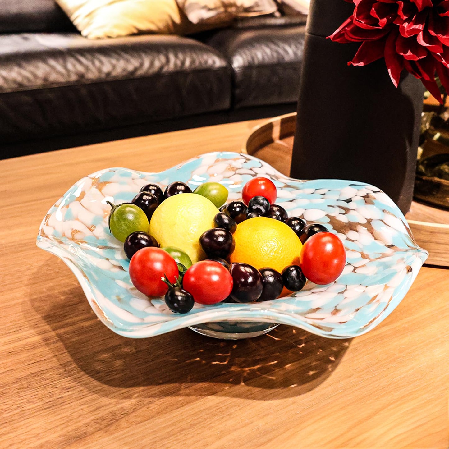 ORRFIDDY Hand Blown Murano-style Art Glass Bowl, 10.2-Inch Large Decorative Centerpiece for Table, Cobalt Blue Fruit Display & Kitchen Counter Decor