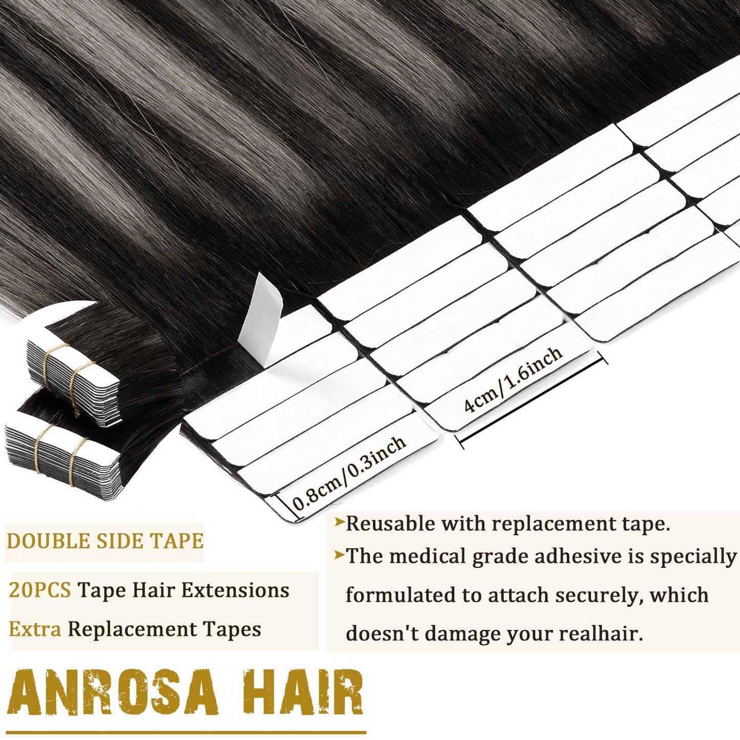 Anrosa Tape in Hair Extensions Human Hair Remy Real Human Hair Extensions Tape in Silky Natural Hair Extensions Human Hair 16 Inch Natural Black to Silver Grey with Natural Black Rooted 50G 20PCS