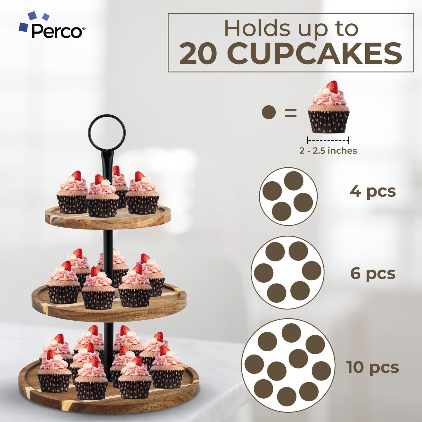 Perco Cupcake Stand, 3 Tier Wooden Tiered Display Stand for 20 Cupcakes – Wood Dessert Table Display Set, Tiered Serving Tray for Weddings, Birthdays, Baby Showers & Events