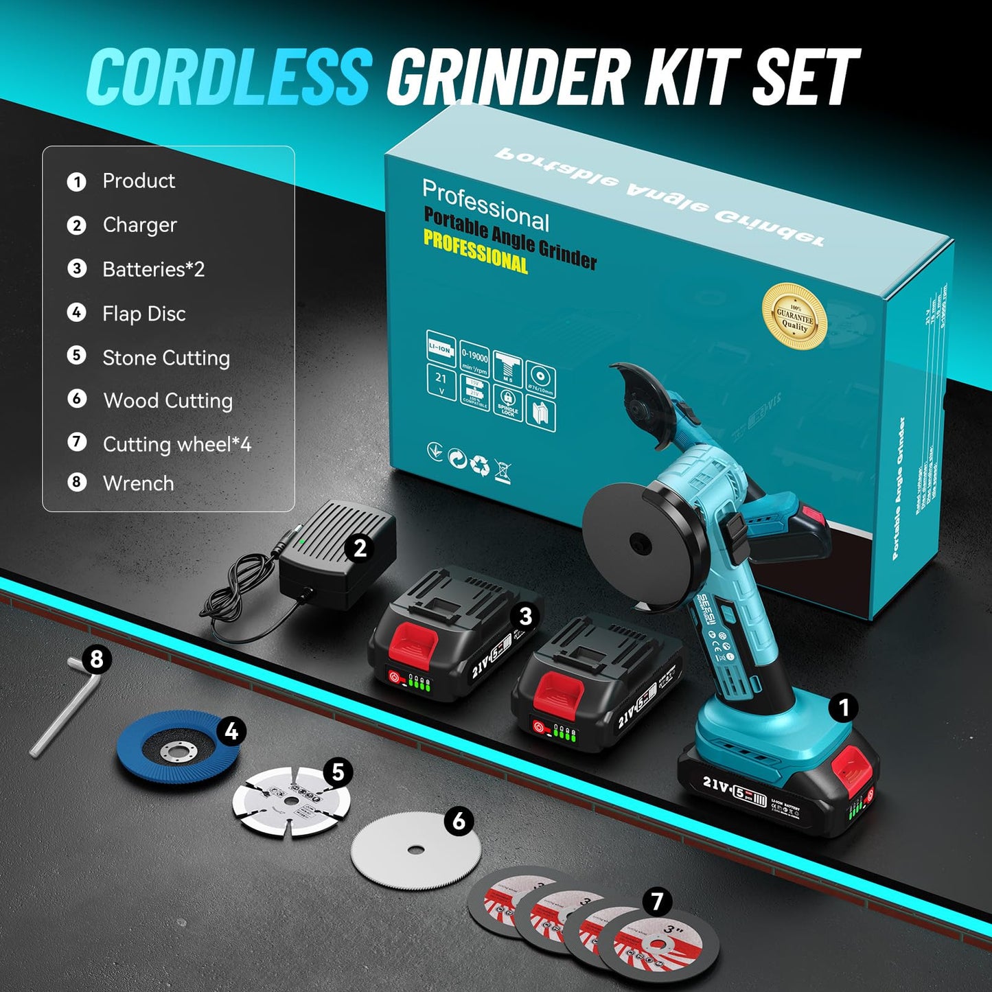 SEESII Mini Angle Grinder 21V, 3 Inch Brushless Angle Grinder Cordless 19000 RPM with 2PCS 2.0A Battery & 7pcs Cutting Discs, 210W Power Electric Tool for Metal Wood Polishing Rust Removal