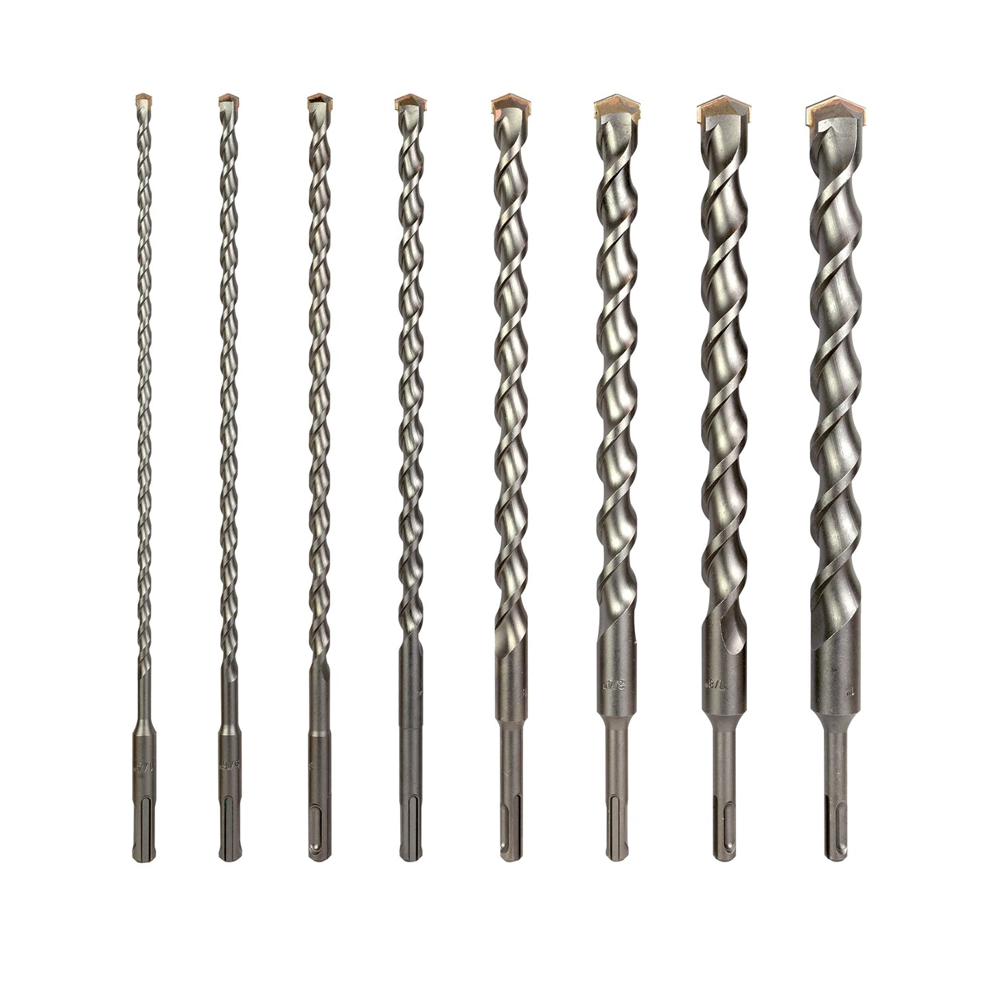 Sabre Tools 8-Piece 12in SDS Plus Drill Bits for Brick, Stone, Concrete, 1/4in x 12in, 5/16in x 12in, 3/8in x 12in, 1/2in x 12in, 5/8in x 12in, 3/4in x 12in, 7/8in x 12in, 1in x 12in (12" 8-Piece Set)