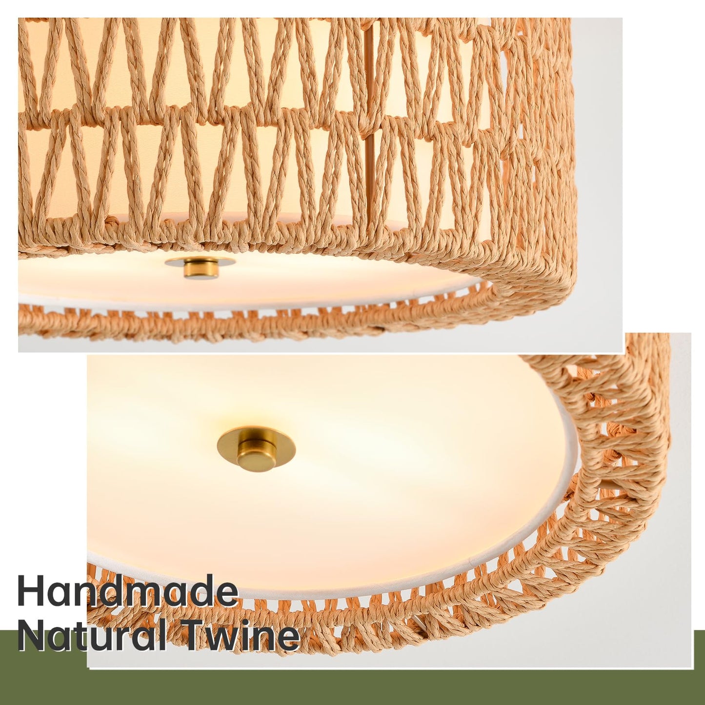 InterMaka Boho Ceiling Light Fixtures 12.6" Flush Mount Ceiling Light, Hand-Woven Rattan Light Fixture for Bedroom Close to Ceiling Light Modern Ceiling Light for Foyer Hallway Entryway Kids Room