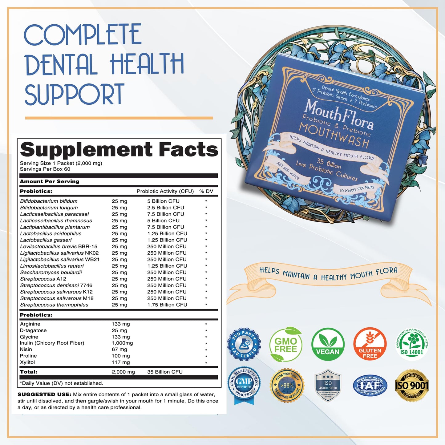 MouthFlora - Probiotic & Prebiotic Mouthwash | Dental Health Formulation | 17 Probiotic Strains + 7 Prebiotics | 35 Billion CFUs | Concentrated Powder Formulation | 60 Pack