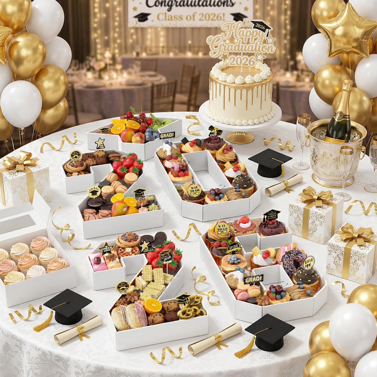 2026 Charcuterie Numbers Fillable, 13.78'' White 2026 Cardboard for Charcuterie, Number 2026 Tray for Chocolate Cookies Flowers Cupcakes Box with Graduation Cap, Class of 2026 Graduation Decorations