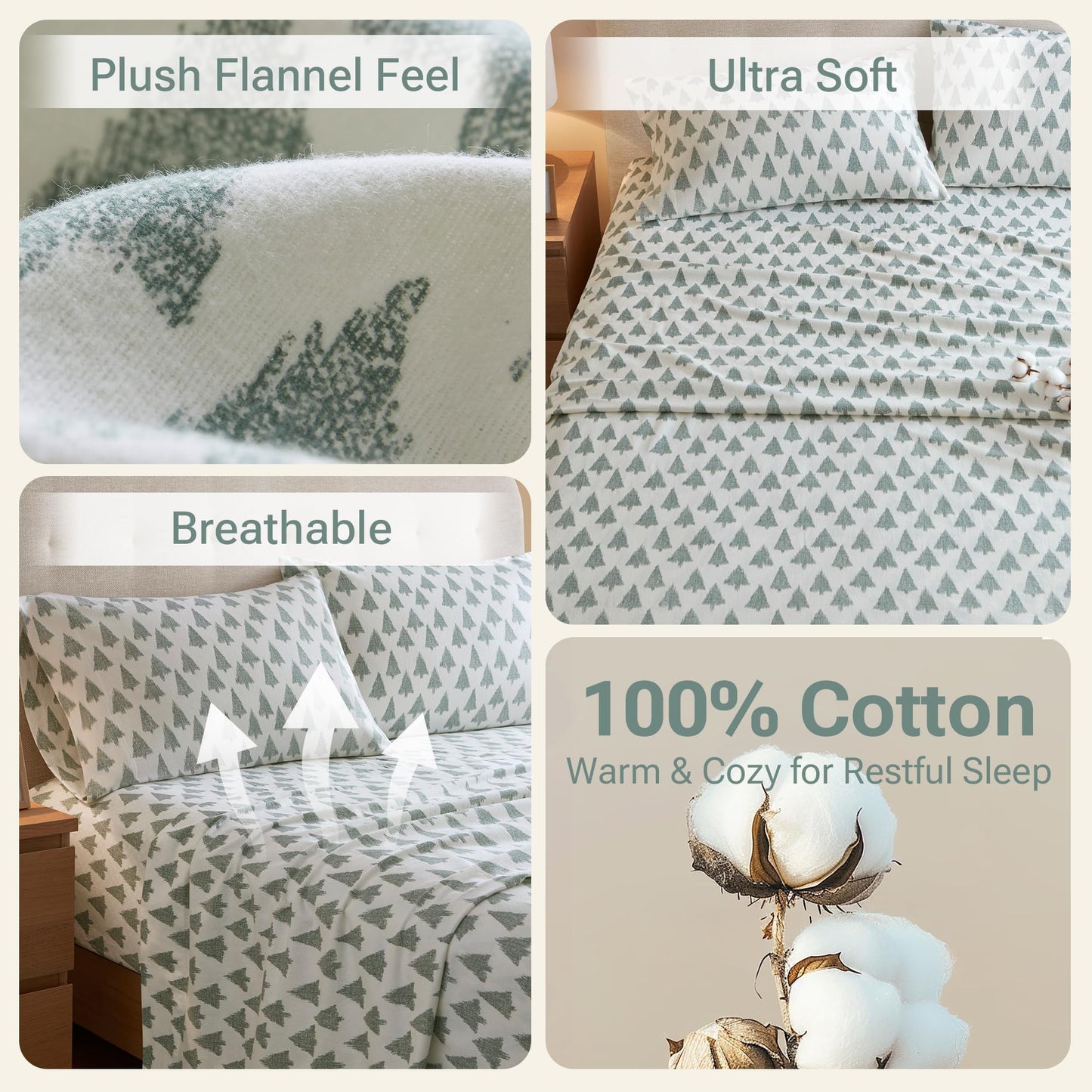 True North by Sleep Philosophy Cotton Sheet Set Cozy Print 100% Cotton Flannel Sheets Bedding Set, Oversized Sheets, Deep Pocket Fits Up to 14" Mattress Queen Bed Sheets Queen Ikat Tree 4 Piece