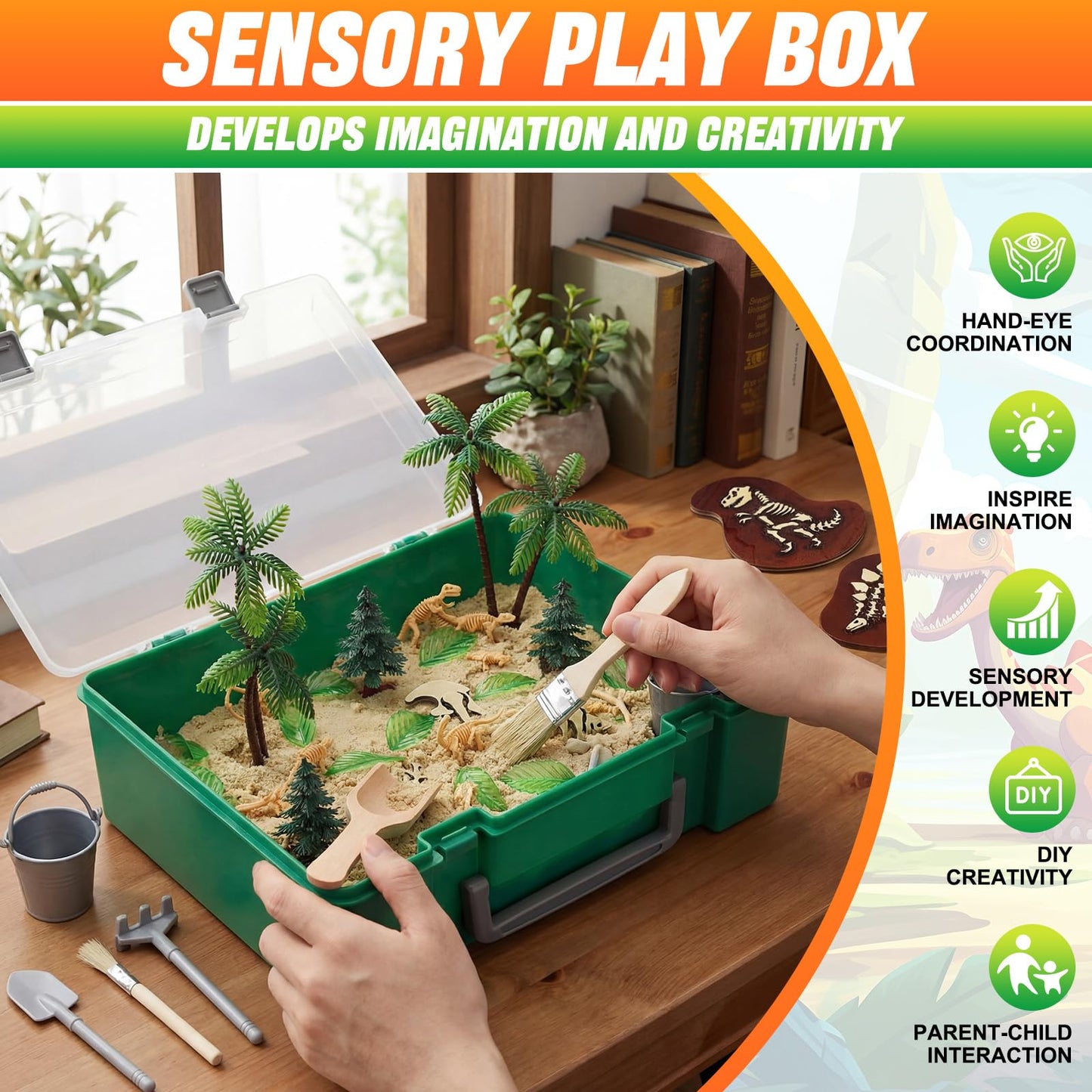 Jenaai Set of 47 Dinosaur Sensory Bin Dinosaur Sand Toy Dino Sensory Bin Box Storage Sandbox with Lid Sand for Winter Christmas DIY Making Kit Decorations Gifts Fillers Pretend Learning Activities