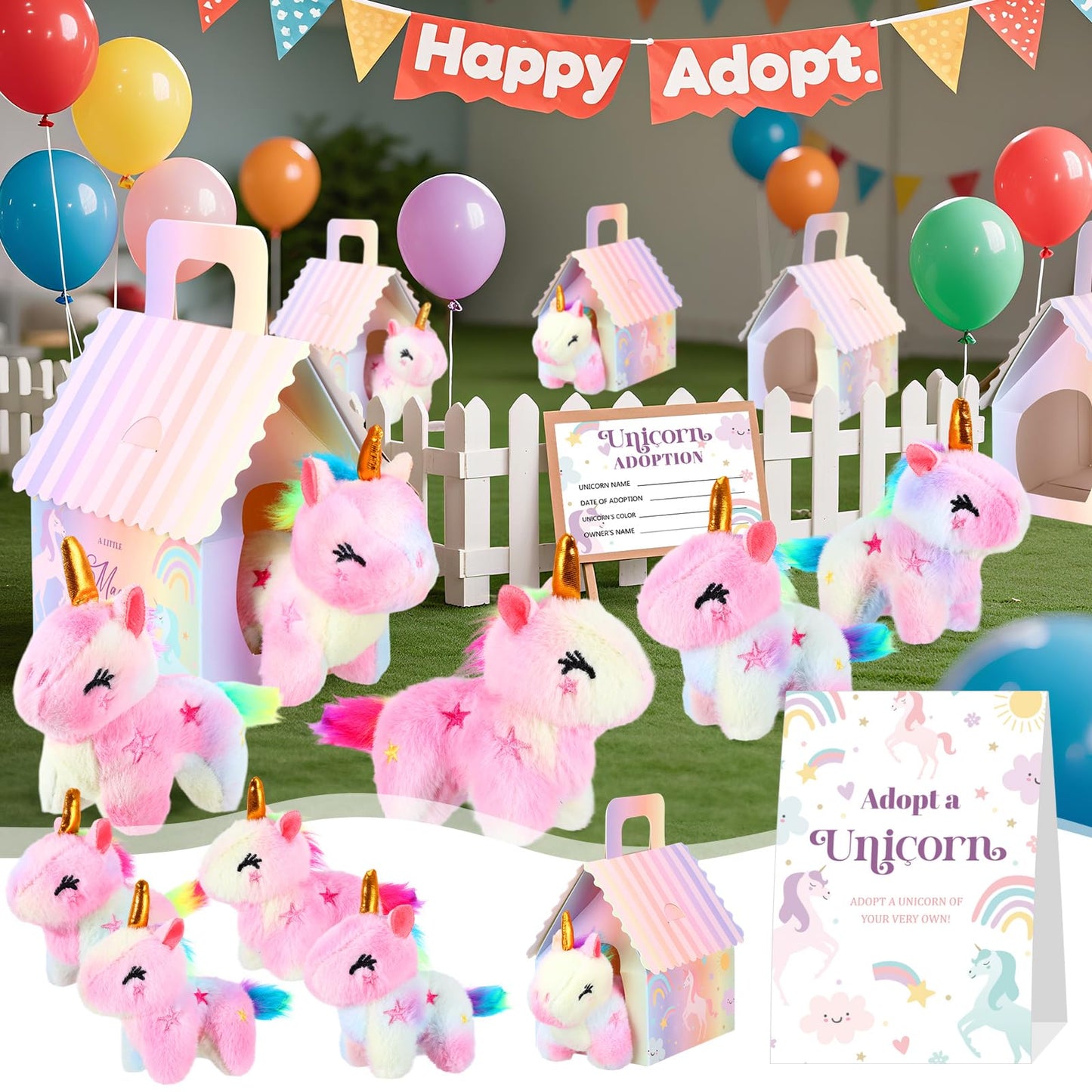 Blueweenly 73 Pcs Adopt a Unicorn Party Favors Set for Girl Mini Plush Unicorn Stuffed Animal Gift Box Adoption Card 1 Animal Sign with Carton House for Adopt Pet Party Birthday (Gradient Closed Eye)