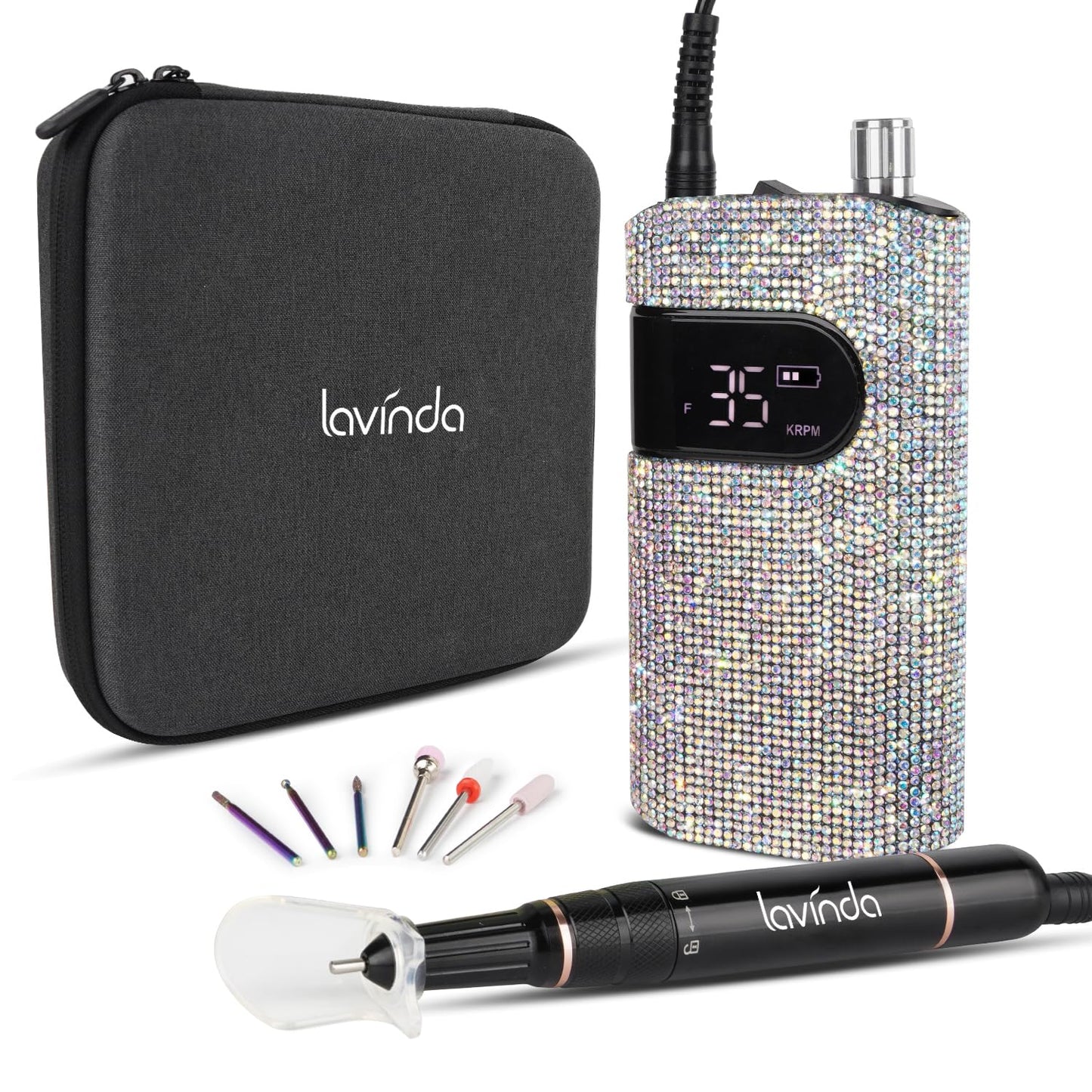 Professional Rechargeable Nail Drill Machine, Lavinda Diamond 35000RPM Electric Nail File Cordless Portable Nail Drill with Coreless Motor for Acrylic Nails, Manicure Pedicure Tool, Crystal Diamond