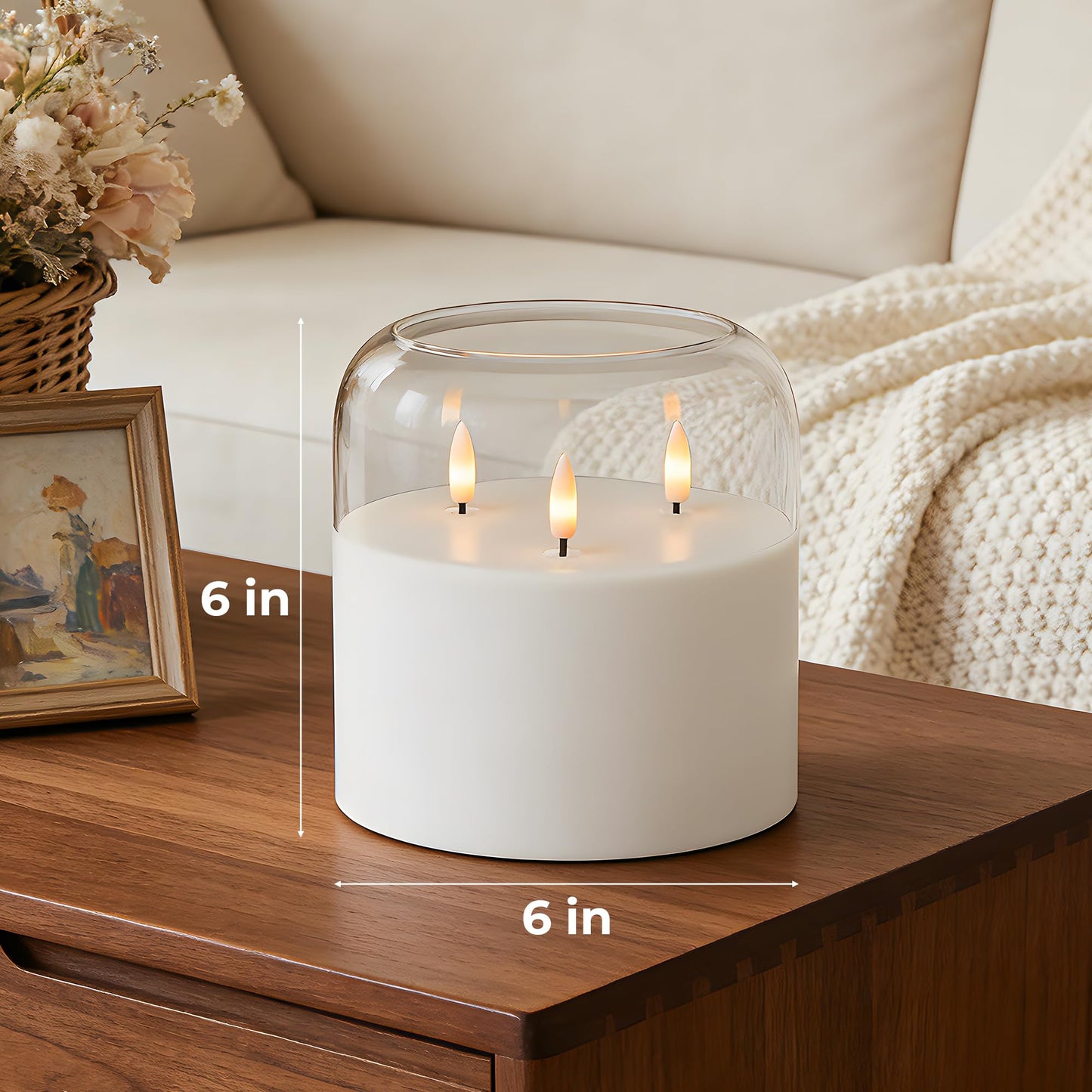 Velsyn 3 Wick Glass Flameless Candle with Remote and Timer, 6"x6" Extra Large Real Wax LED Pillar Candle Battery Operated with 3D Flickering Flame for Festival Wedding Home Party Decor (Clear)