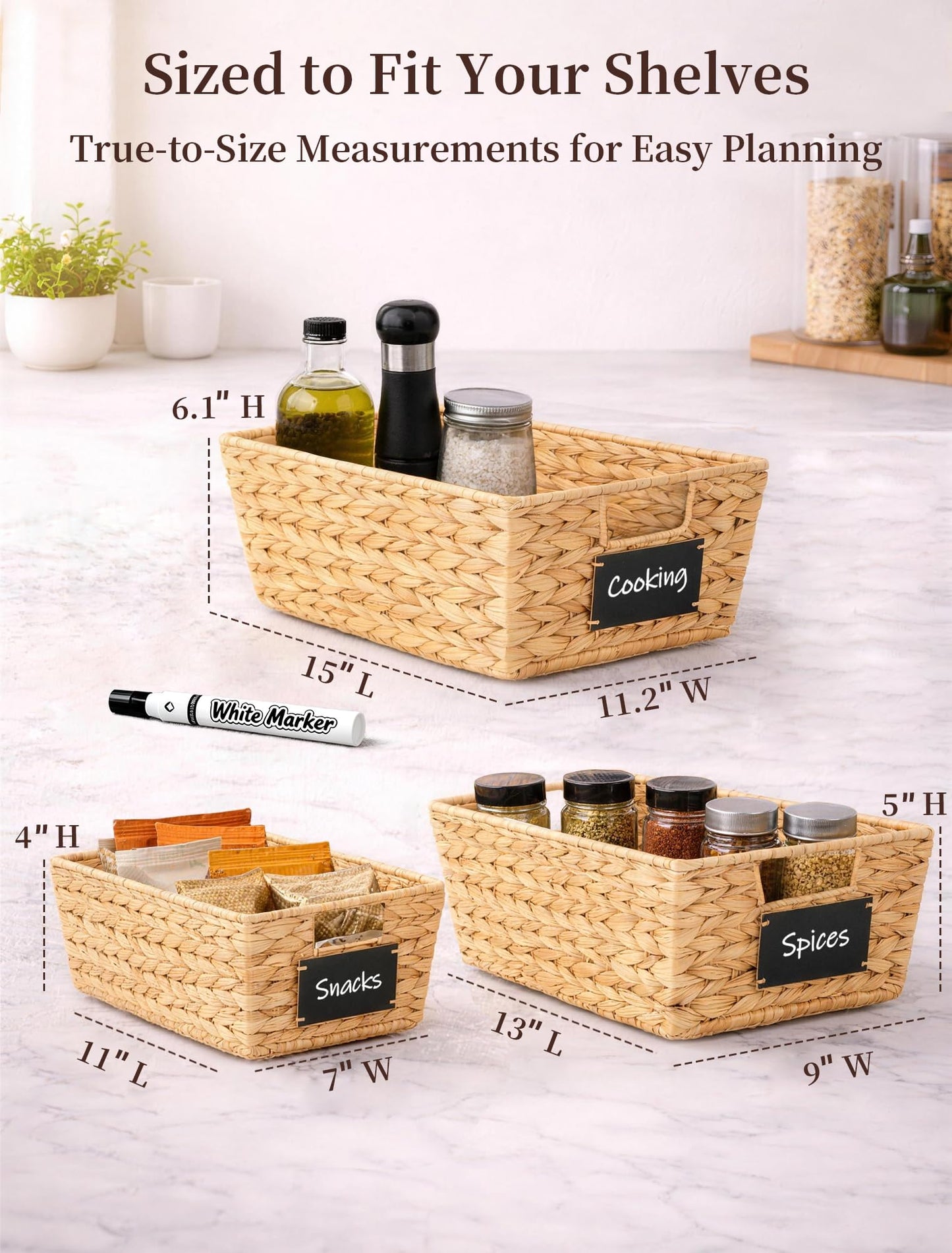 Panovox Pantry Organizers and Storage, Water Hyacinth Storage Baskets for Shelves, Natural Baskets for Organizing, Pantry Baskets with Chalkboard Labels and Marker