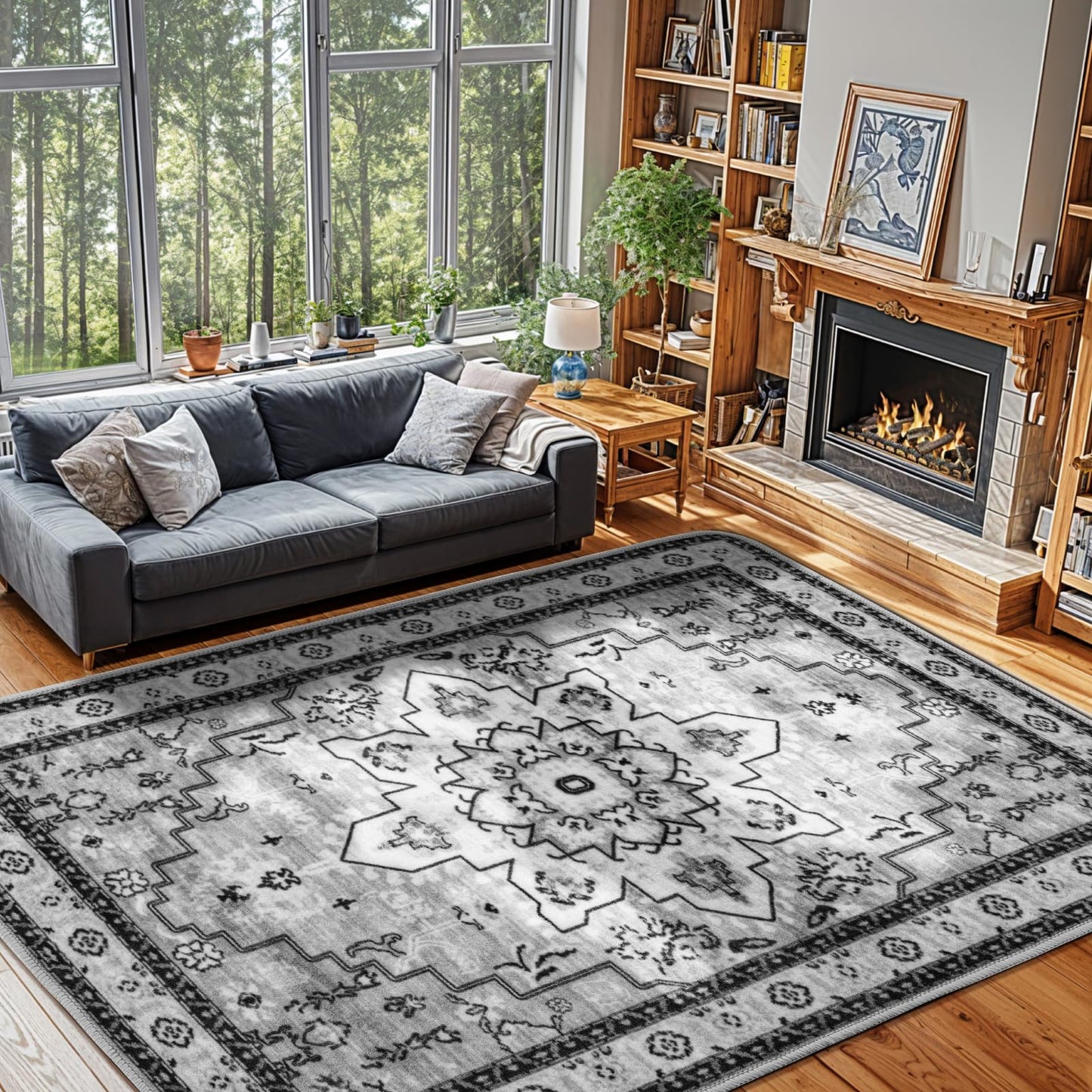 LBRO2M Boho Area Rug 8X10 Washable Rugs for Bedroom Low Piles Indoor Rugs, Non Slip Soft Carpet for Living Room, Dining Room, Gray Rug Foldable Pet Friendly Area Rugs Stain Resistant (8'X10' Gray)