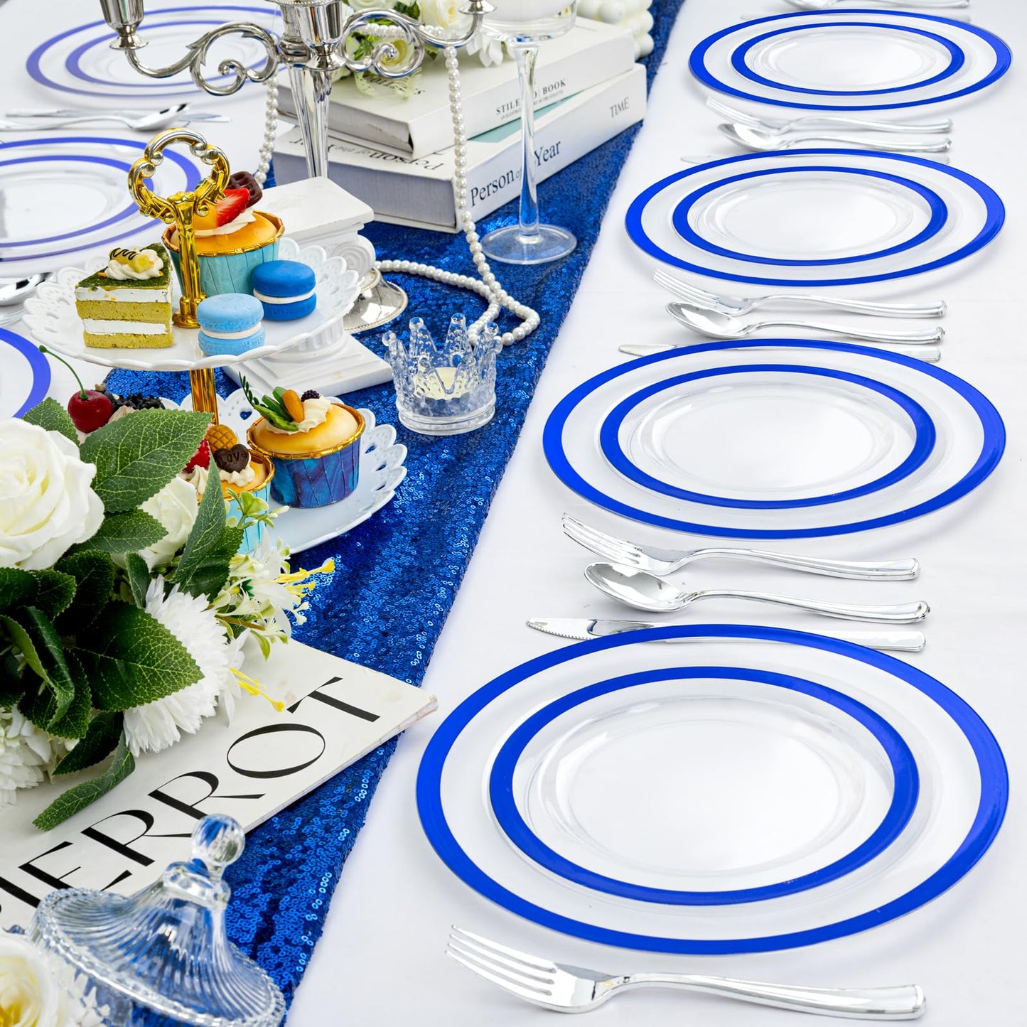 U-QE 120pcs Blue Plastic Plates for Party - Clear and Blue Disposable Plates Heavy Duty - Includes 60 10" Dinner & 60 7" Dessert Plates for Party, Birthday & Wedding