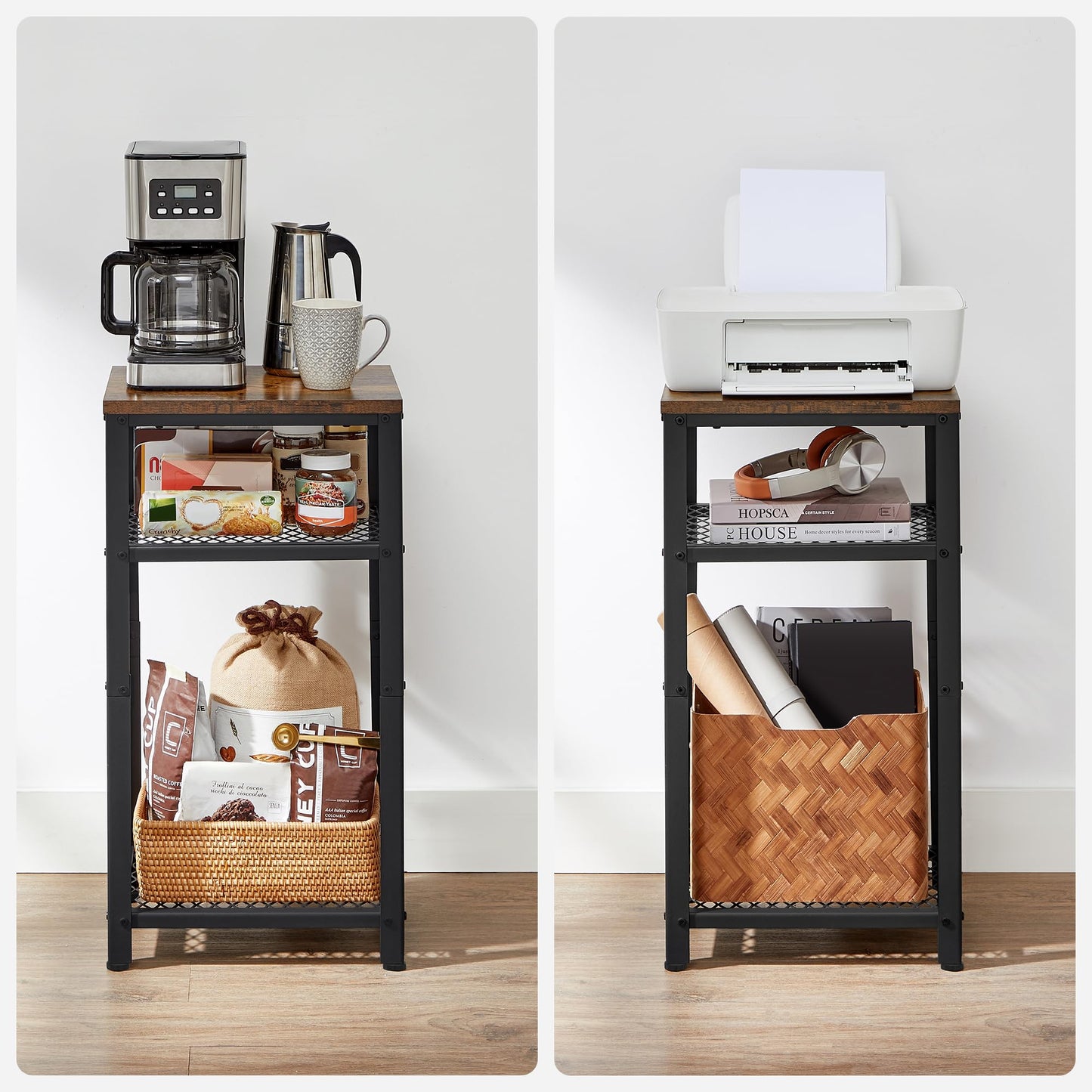 VASAGLE 3-Tier Tall Side Table, Small Telephone End Table Stand with 2 Mesh Storage Shelves for Office, Bedroom, Living Room, Kitchen Cart, Rustic Brown and Ink Black
