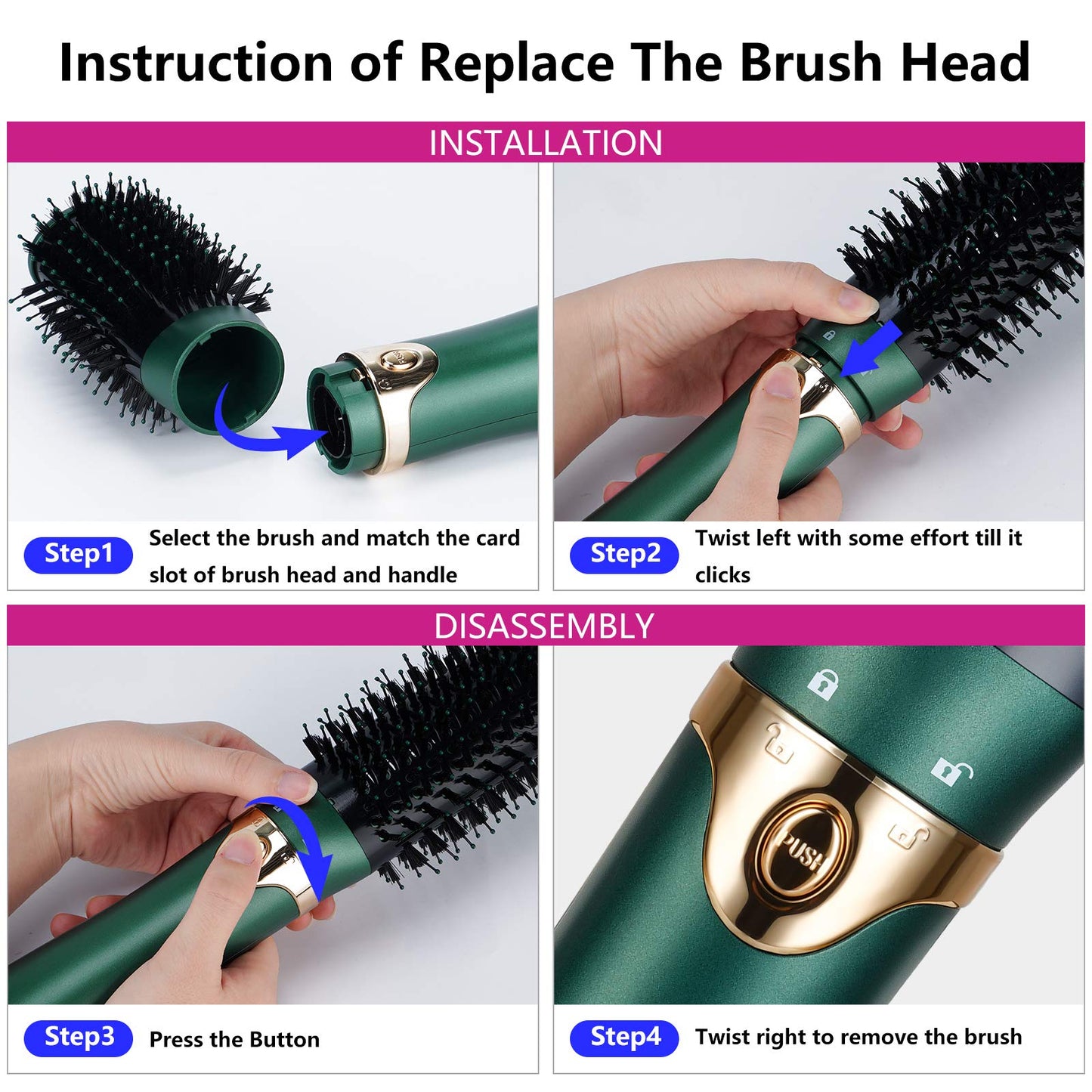 Sinperne Hair Dryer Brush, 3 in 1 Interchangerable Hair Dryer & Volumizer, Ceramic Negative Ion Curling Dryer Styler Brush with 3 Brush Heads (Green)