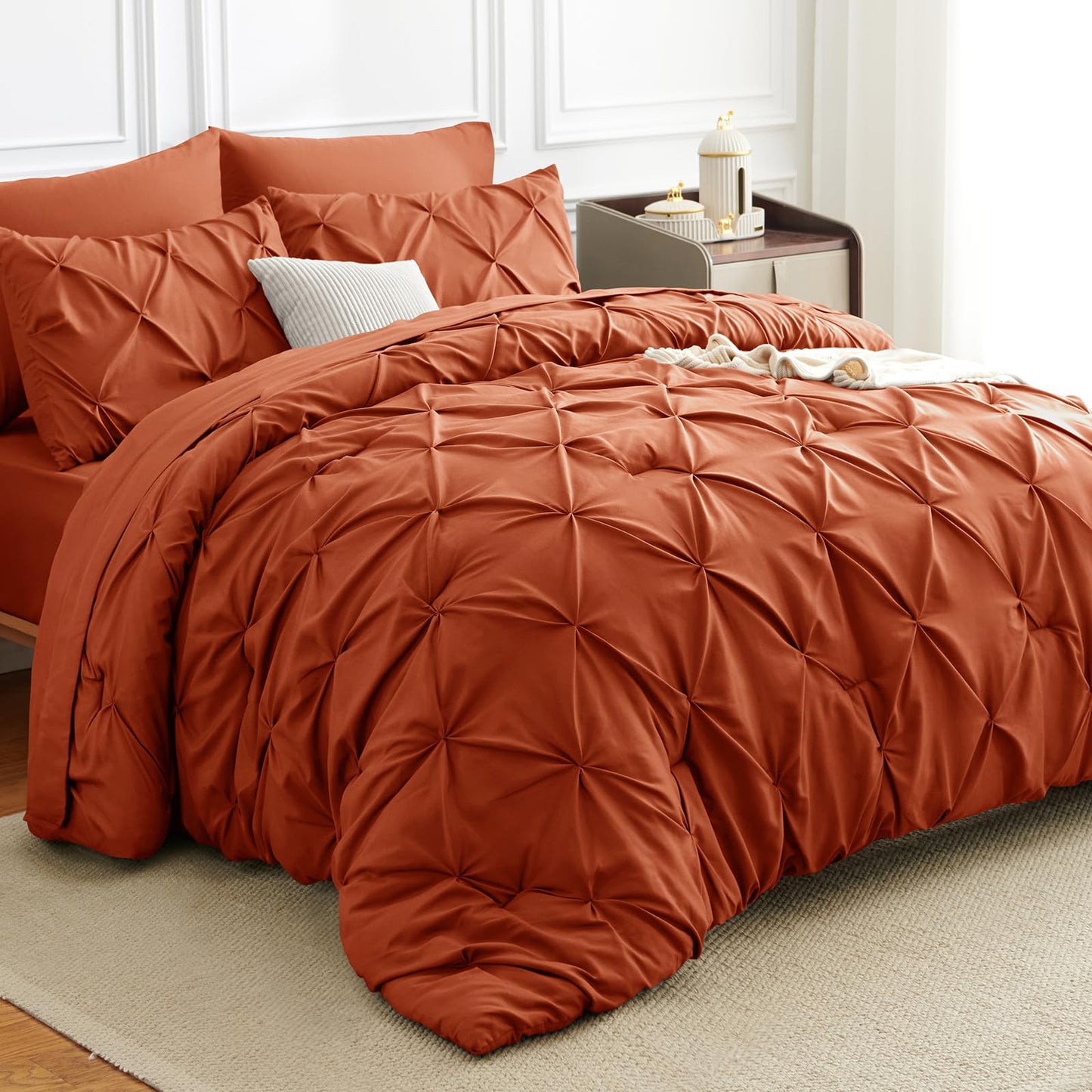 HIMEET Queen Comforter Set Burnt Orange - 7 Pieces Pintuck Bed in a Bag, Pinch Pleat Modern Room Decor, All-Season Soft Bedding Gift with Comforter, Sheets, Pillowcases & Shams