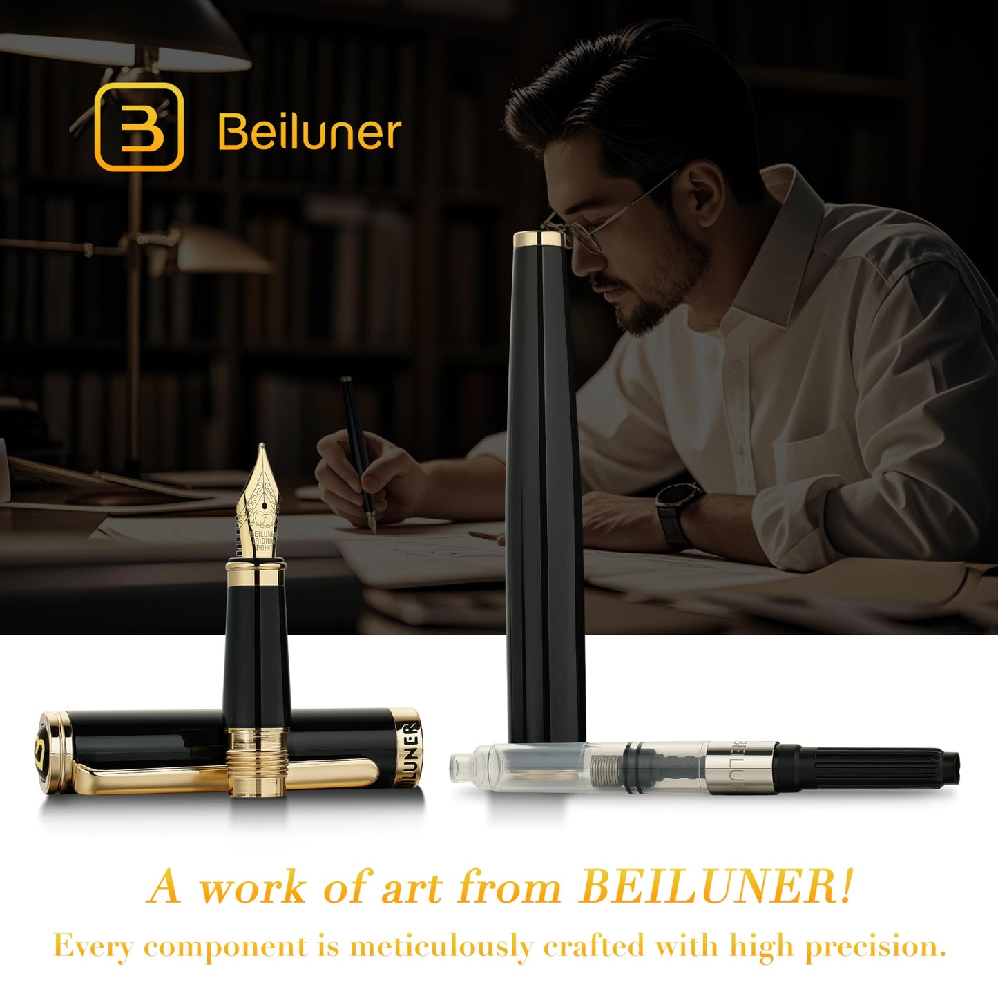 BEILUNER Black Fountain Pen,Stunning Luxury Pens with 24K Gold Accents, Gorgeous 24K Gilded Nib(Fine), Trustworthy Pen Gift for Men&Women -Ink Converter-Elegant, Reliable,Fancy Pen for Writing