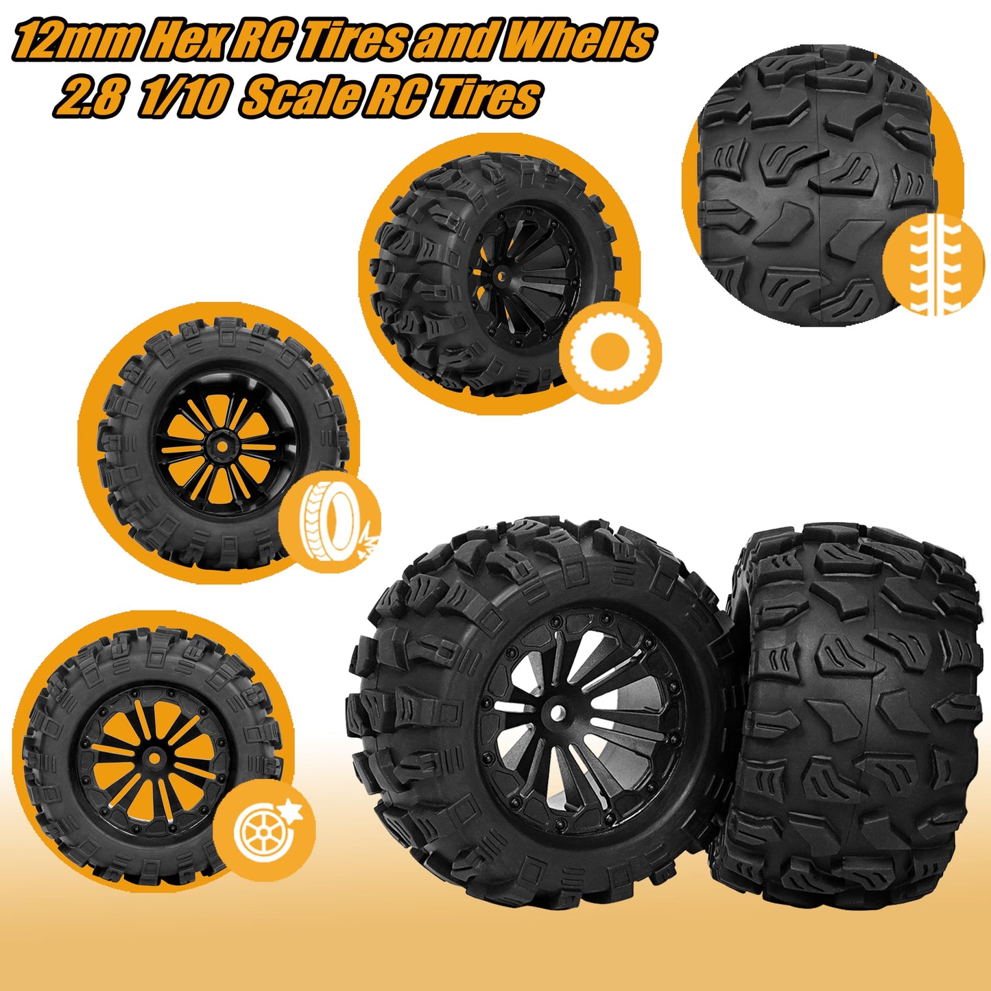 RC Station 12mm Hex RC Wheels and Tires 1/10 Scale 2.8 RC Truck Tires Wheels for Traxxas Rustler Stampede Hoss 2wd 4x4 vxl Tires Wheels Arrma Tires Wheels Redcat Volcano Tires Preglued