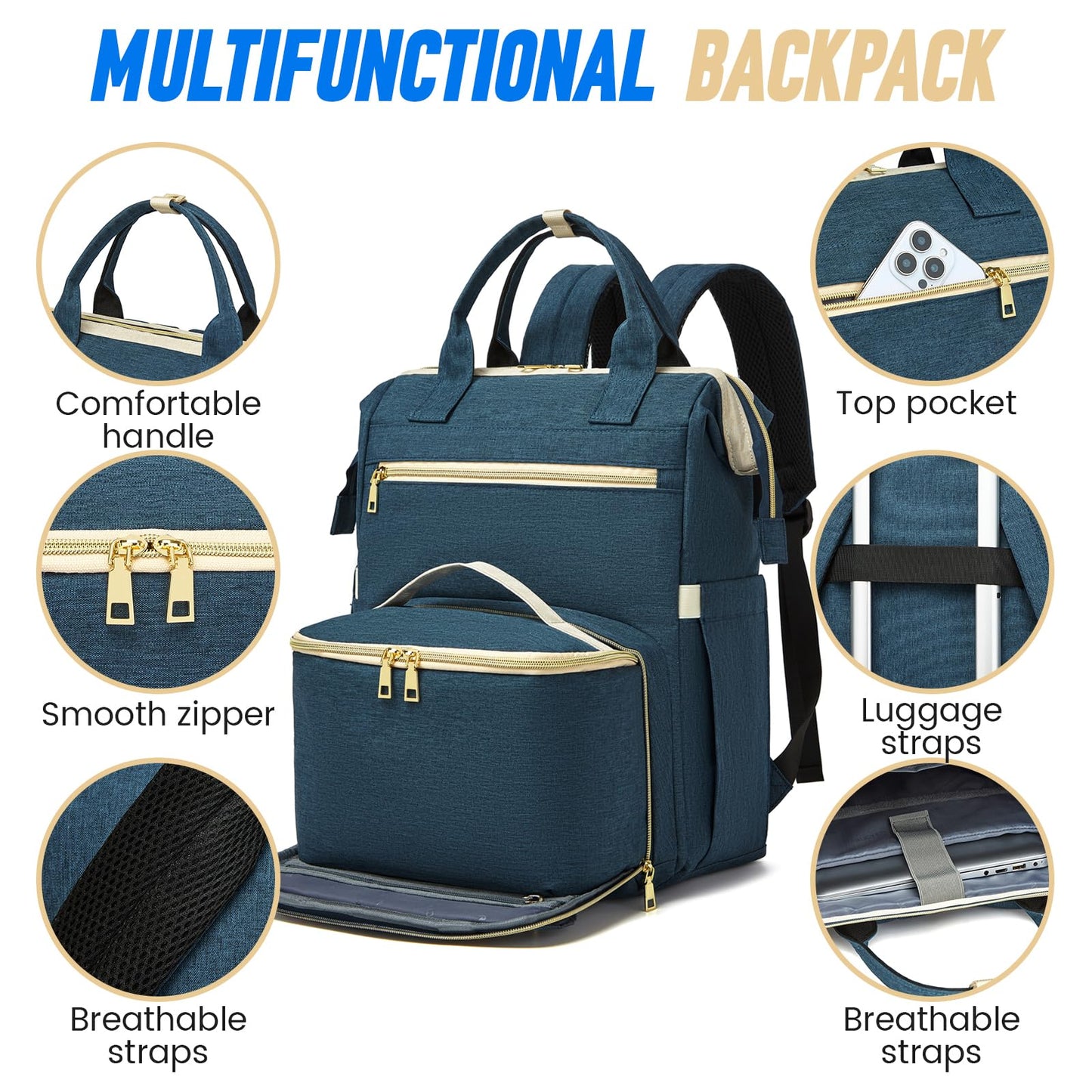 aocrin Lunch Backpack, 15.6 Inch Laptop Backpack with USB Port, Stylish Nurse, Teacher and Work Bag with Insulated Cooler Lunch Box for Women, Blue