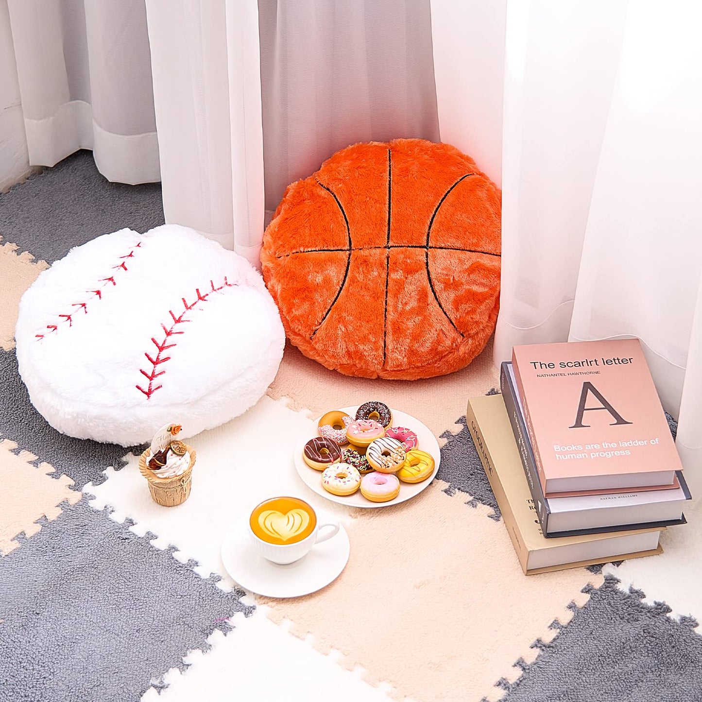 Juexica 4 Pcs Sports Throw Pillows Fluffy Stuffed Soccer Basketball Baseball Pillow Plush Toy Sport Cushion for Room Decor Birthday Present(Medium,Plush)