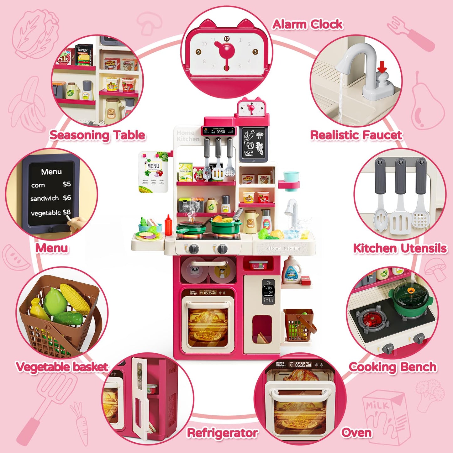 Letapapa Kids Pretend Play Kitchen Set, Kitchen Toys with Realistic Sound & Light, Cooking Stove, Sink, Play Food and Kitchen Accessories, Pretend Kitchen Playset Gifts for Toddlers Girls Boys(Red)