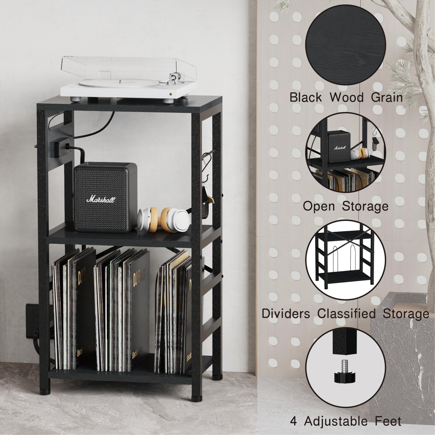 YAKANJ End Table with LED Light,Record Player Stand with Charging Station,Vinyl Records Storage,Turntable Stand Albums Storage for Music Room Studio-Industry Black