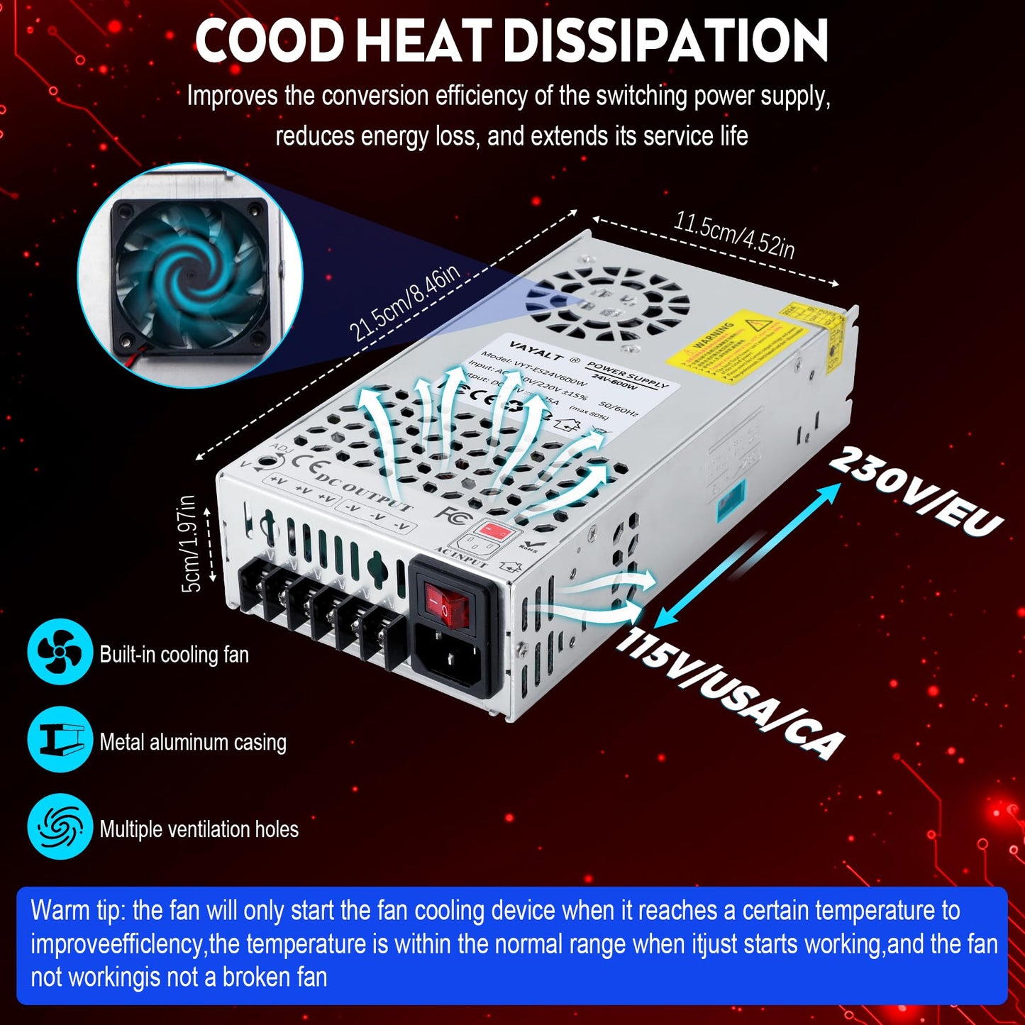 VAYALT 24V 25A 600W DC Switching Power Supply, Universal Regulated Switching AC 110V/220V to DC 24V Transformer, 24V Power Supply for Industrial, CCTV, Computer Project, 3D Printer, LED Strip Light
