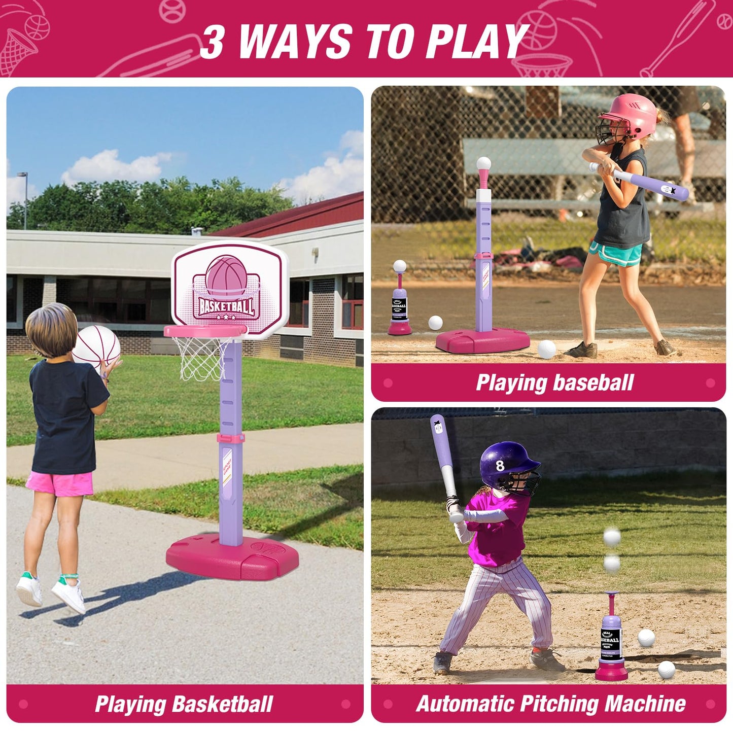 Wee Wonders 2 in 1 Toddler Basketball Hoop and T Ball Set with Automatic Pitching Machine - Adjustable Height, Kids Basketball Hoop Suit for Indoor/Outdoor, Sport Toys Gifts for Girls Age 3-8, Pink