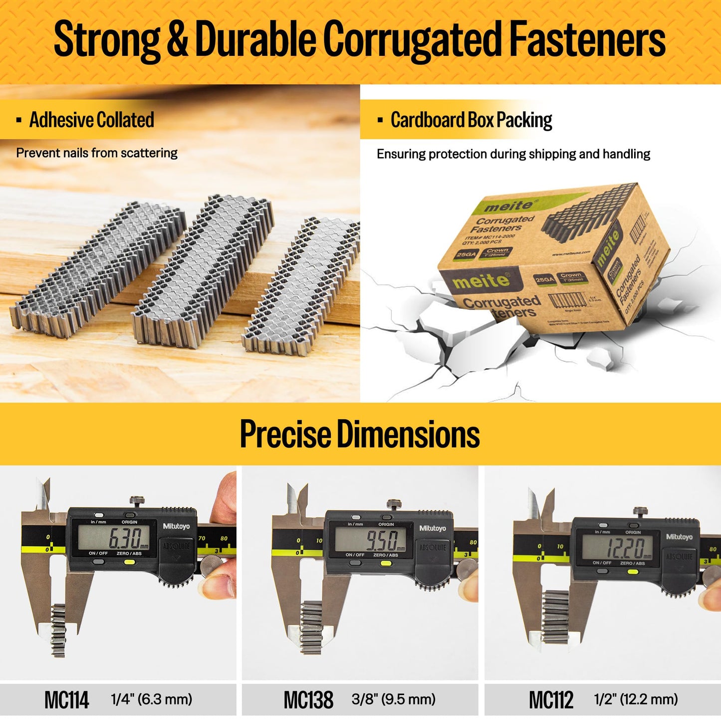 meite Corrugated Fasteners MC114 25 Gauge 1-Inch Crown 1/4-Inch Length Staples Corrugated W Fasteners for Pneumatic Corrugated Tools, for Woodworking Projects (2,000 Counts/Box)