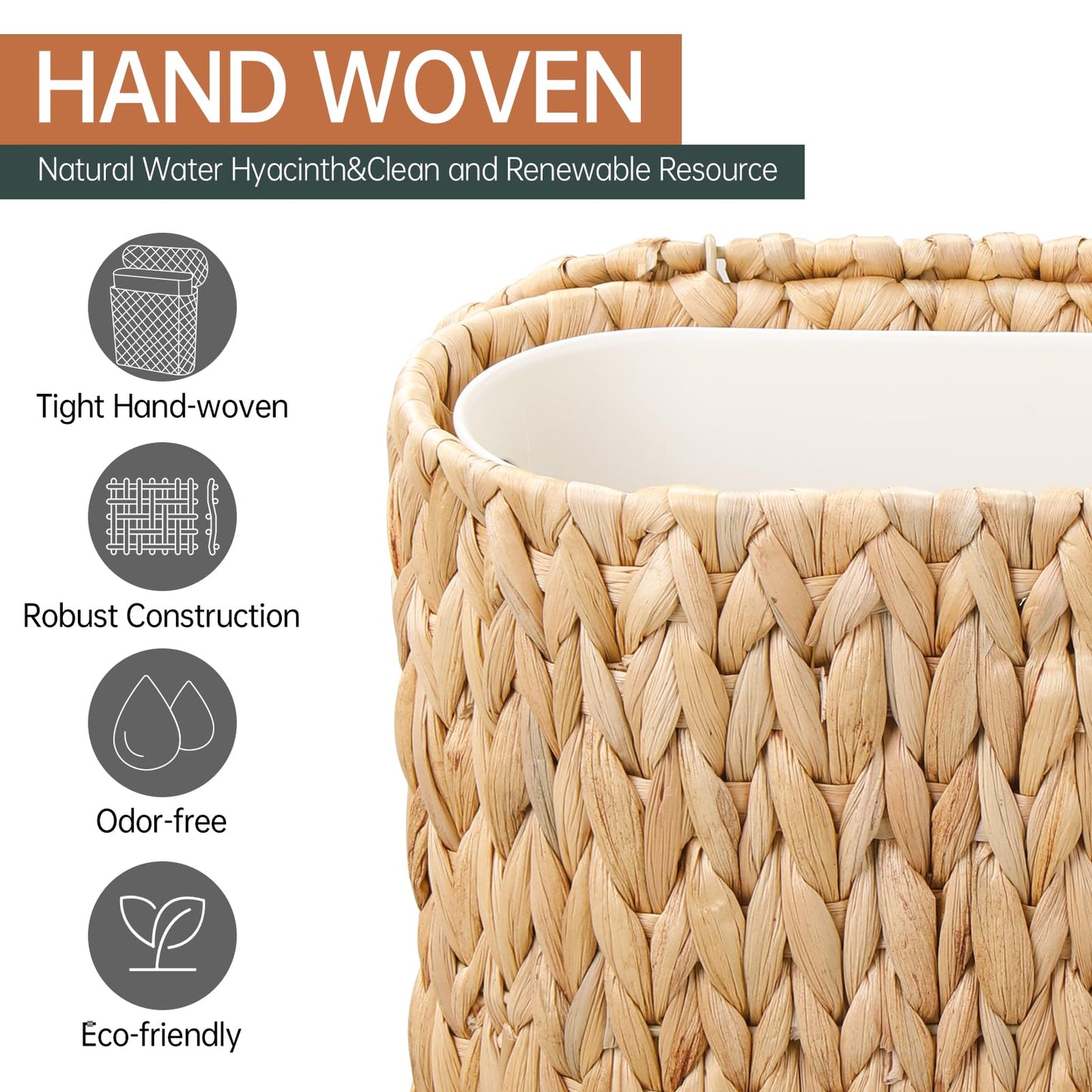 Coeusy Wicker Bathroom Trash Can with Lid,Narrow Rattan Waste Basket with Removable Liner Bucket,Slim Woven Water Hyacinth Garbage Can for Bedroom,Office,Small Spaces,3 Gallon