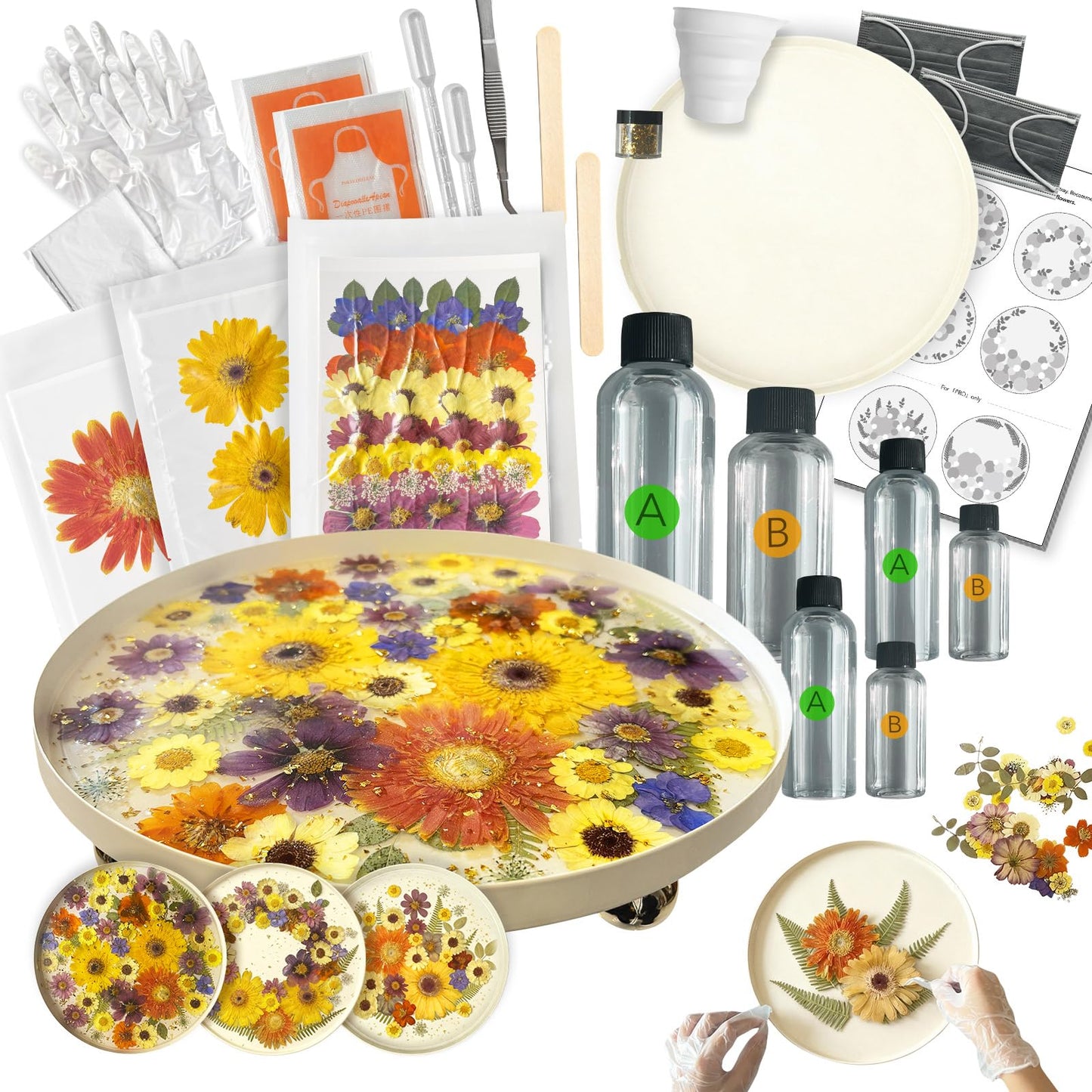 Auraeve All-in-One Craft Resin Kit for Adult - Create Your Own Real Flower Tray, Gift for Crafter Women, Beginner Friendly, Use as Vanity, Perfume, Trinket Organizer, Table Decor (11.8", Beige-Pro)