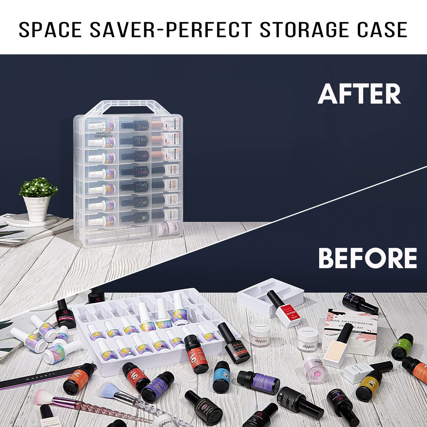 Makartt Nail Polish Organizer, Clear Universal Nail Polish Holder for 48 Bottles,Portable Sturdy Gel Nail Polish Organizer Case with 8 Adjustable Dividers, Space Saver for Nail Bottles Display Travel