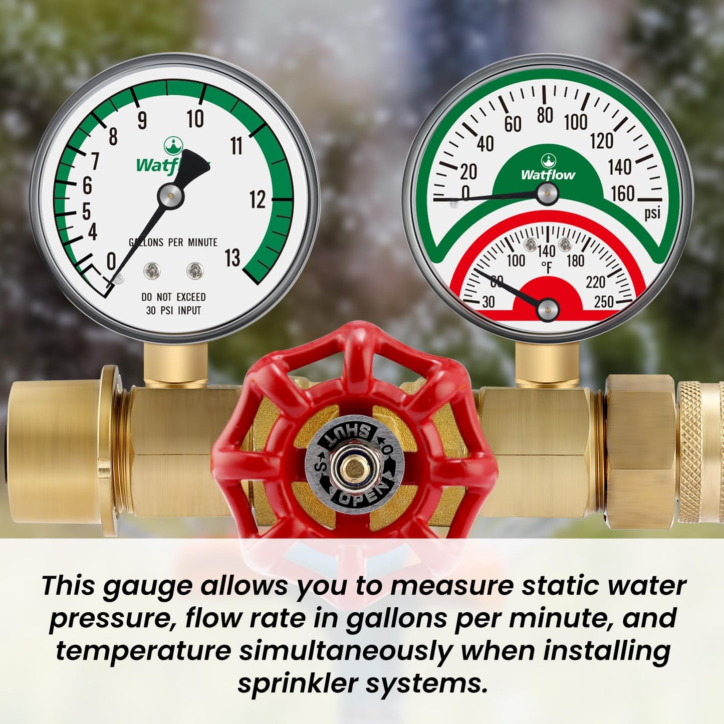 Watflow Water Flow Gauge, Temperature and Pressure Test Assembly, 0-160psi,0-13 GPM, 3/4" Female Hose Thread.