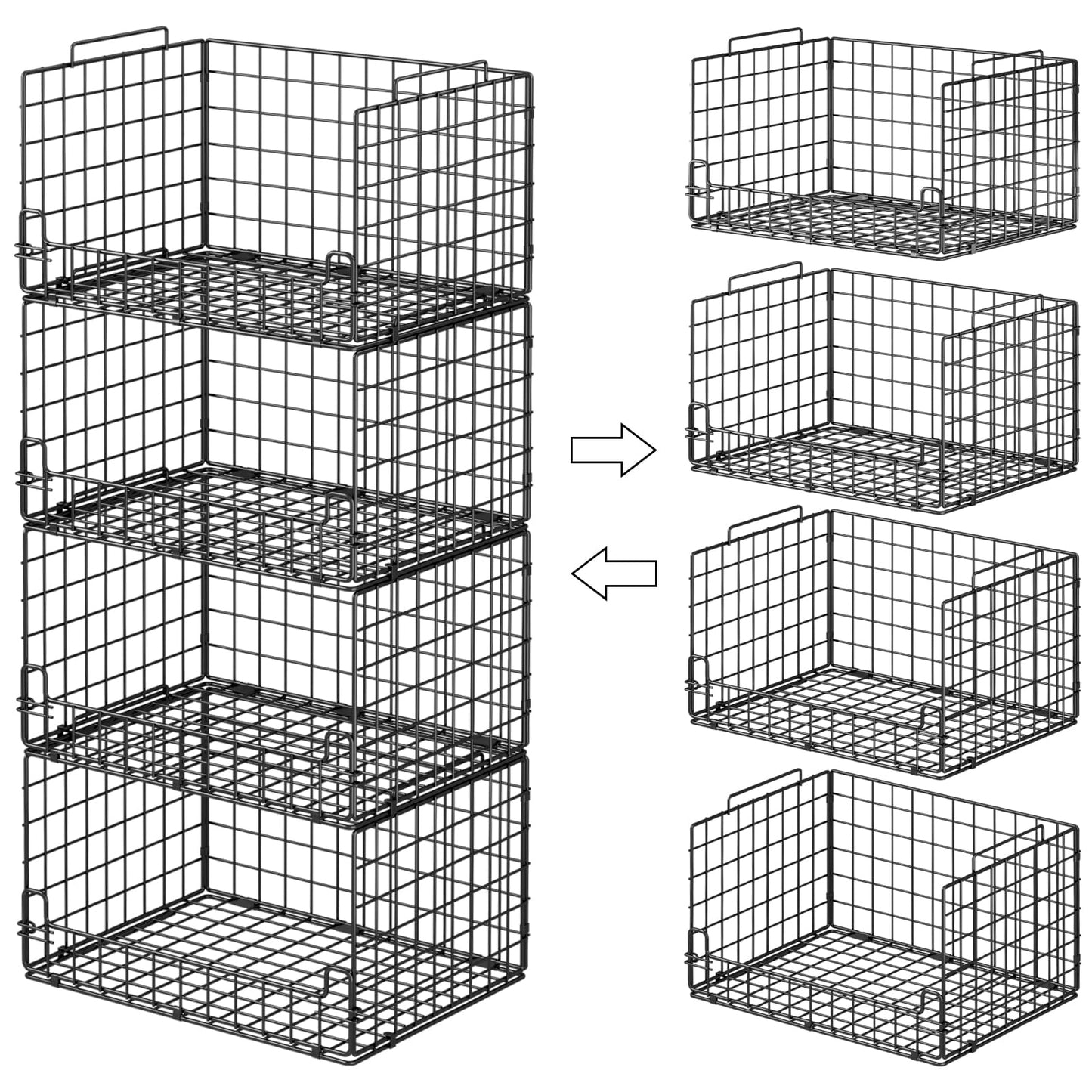 Astrorhine 4-Tier Stackable Closet Organizers and Storage Basket - Foldable Closet Shelf Organizer System, Sturdy Metal Space-Saving Clothes Storage Bins for Wardrobe, Black