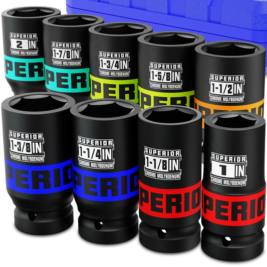 Aiourx 9 Piece 1" Drive Deep Impact Socket Set, 1 Inch - 2 Inch, SAE, 6-Point Design, Heavy Duty CR-MO, Truck Tire Service, Mechanical Equipment Maintance