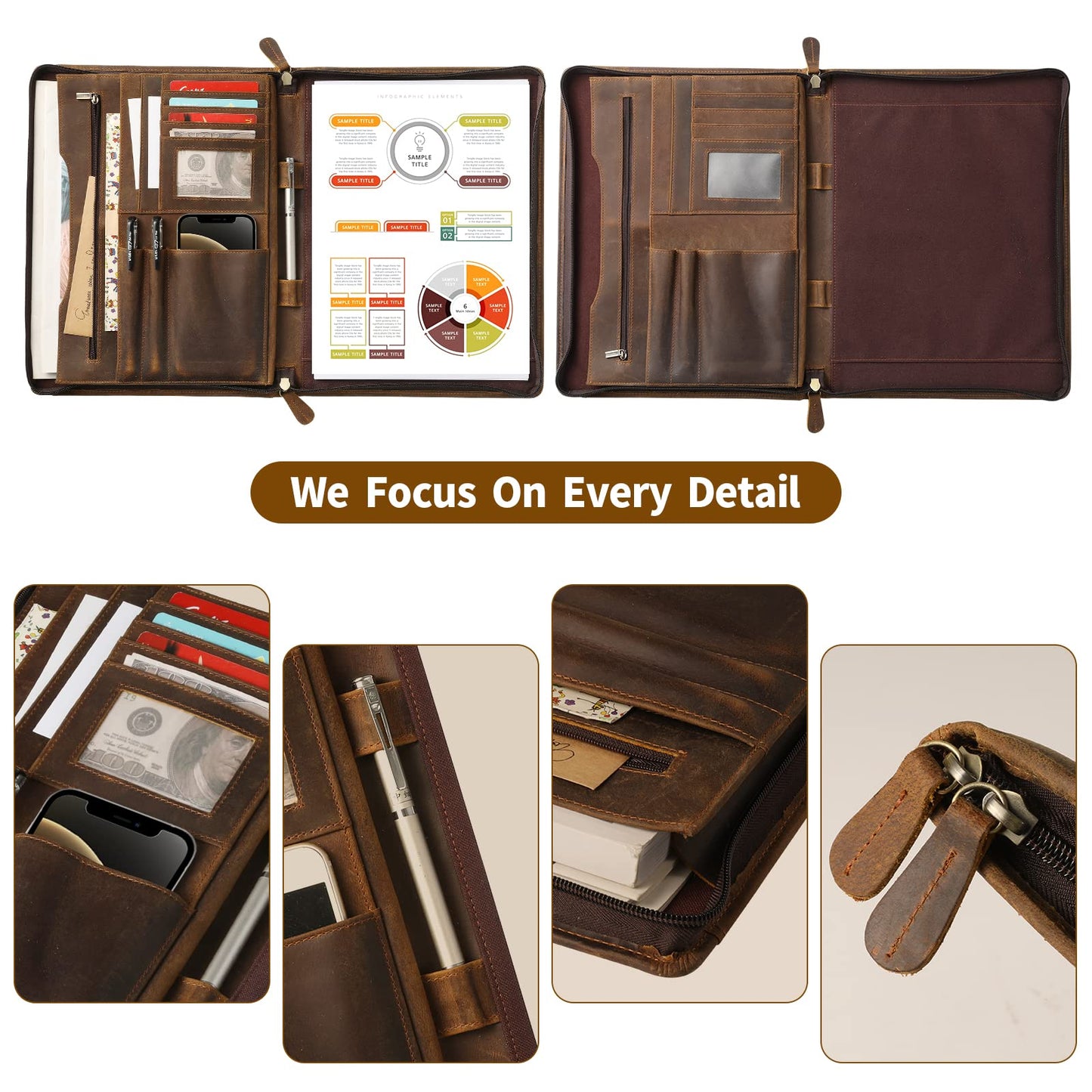 Ringsun Genuine Leather Portfolio with Zipper, Business Organizer for A4/Pad/Phone, Brown, RS63