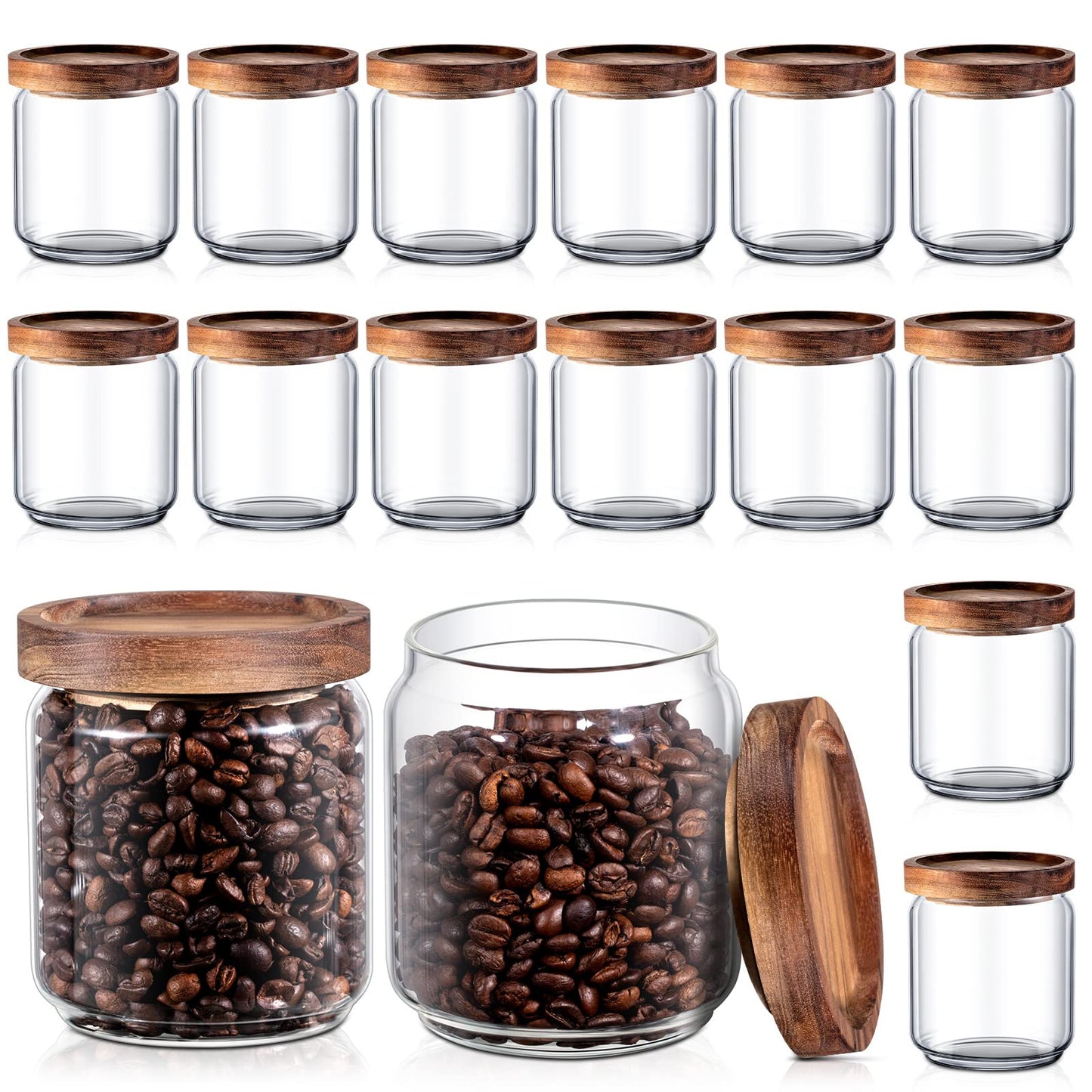 Irenare 16 Pack Glass Containers Canister Set, 17 oz Food Storage Spice Jars with Airtight Lids, Clear Kitchen Containers for Coffee Sugar Tea Beans Nuts Candy Pantry Organization (Wood)