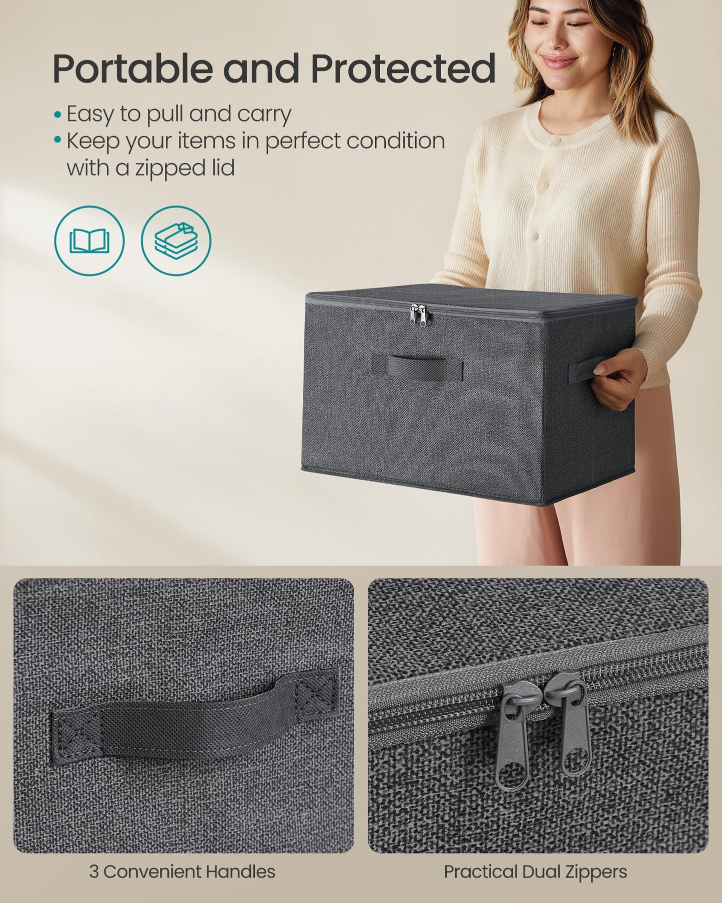 SONGMICS Foldable Storage Organizer Boxes, Set of 6 Storage Basket Bins with Lids, Handles, Clothes Organizer, 15.7 x 11.8 x 9.8 Inches, Non-Woven Fabric, Slate Gray URZB003G02